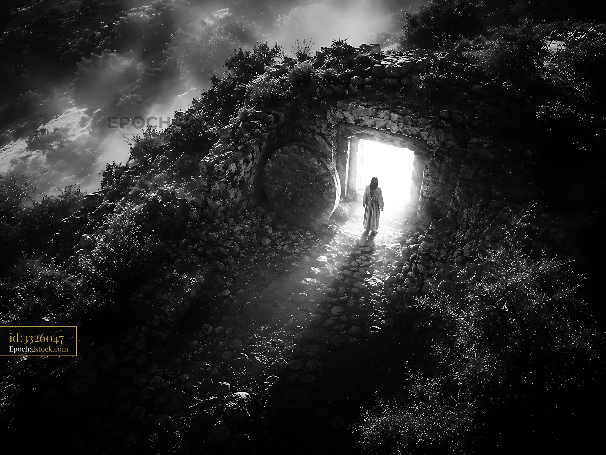 Watermarked full-resolution preview of Person walking through stone archway in black and white