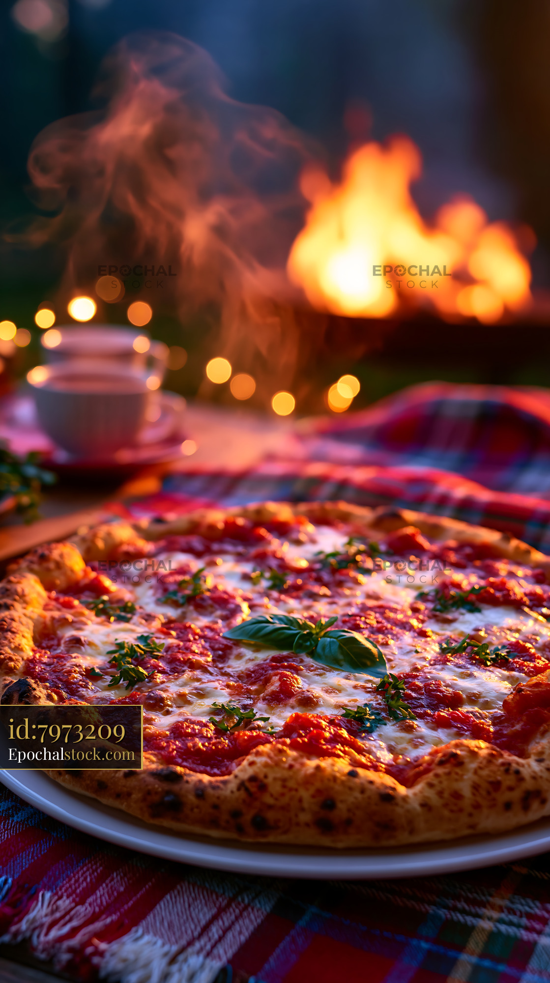 Watermarked full-resolution preview of Freshly baked pizza placed outdoors near a fire with lights