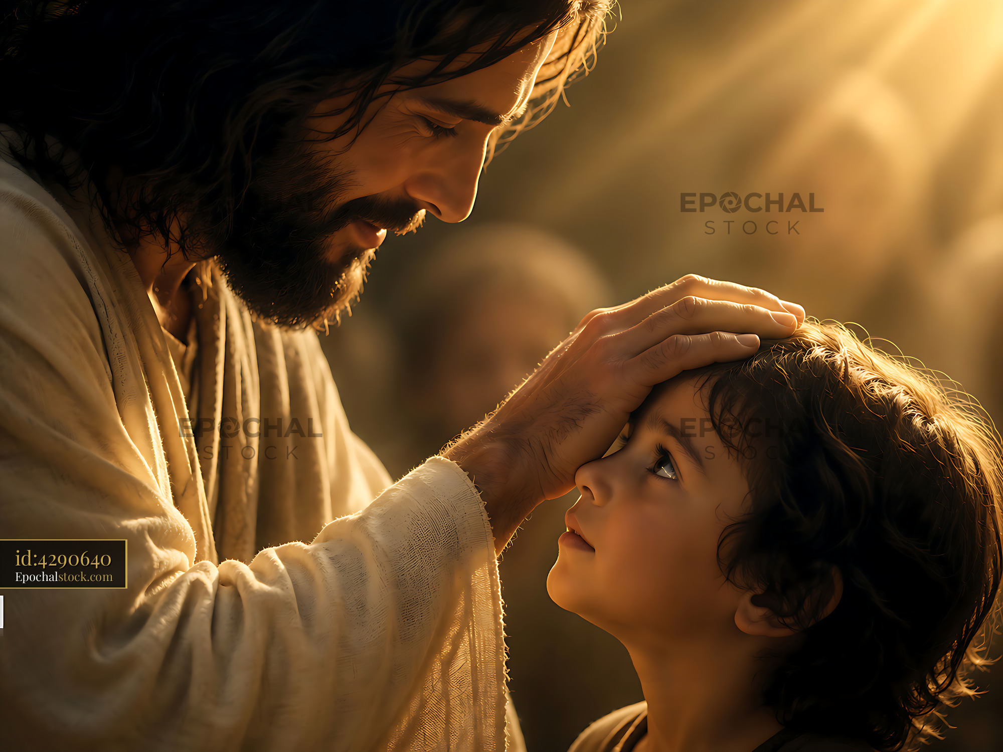 Watermarked full-resolution preview of Jesus interacting with a child in a warm atmosphere