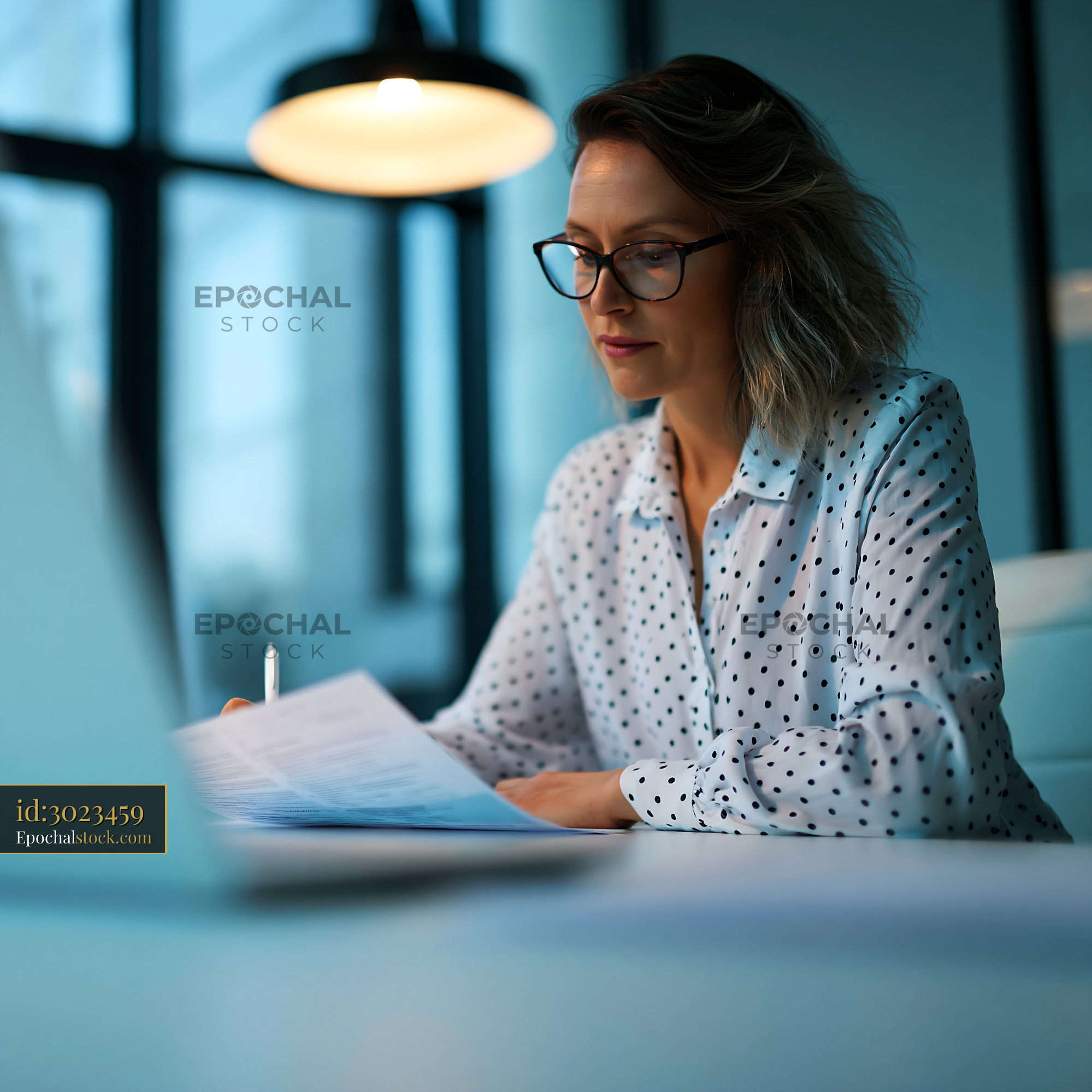 Tenant Reviewing Utility Bill Inside Bank at Night — stock example for Bria Image 3.2 solution examples