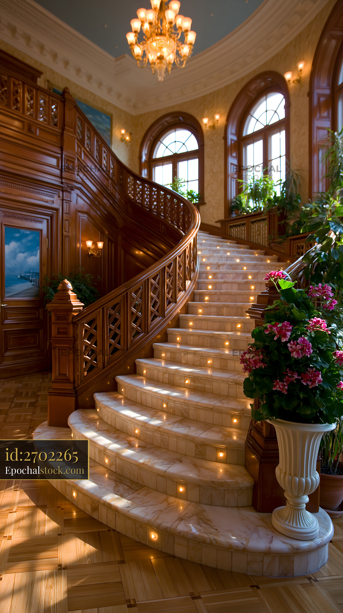 Watermarked full-resolution preview of Elegant interior with curved marble staircase and chandelier
