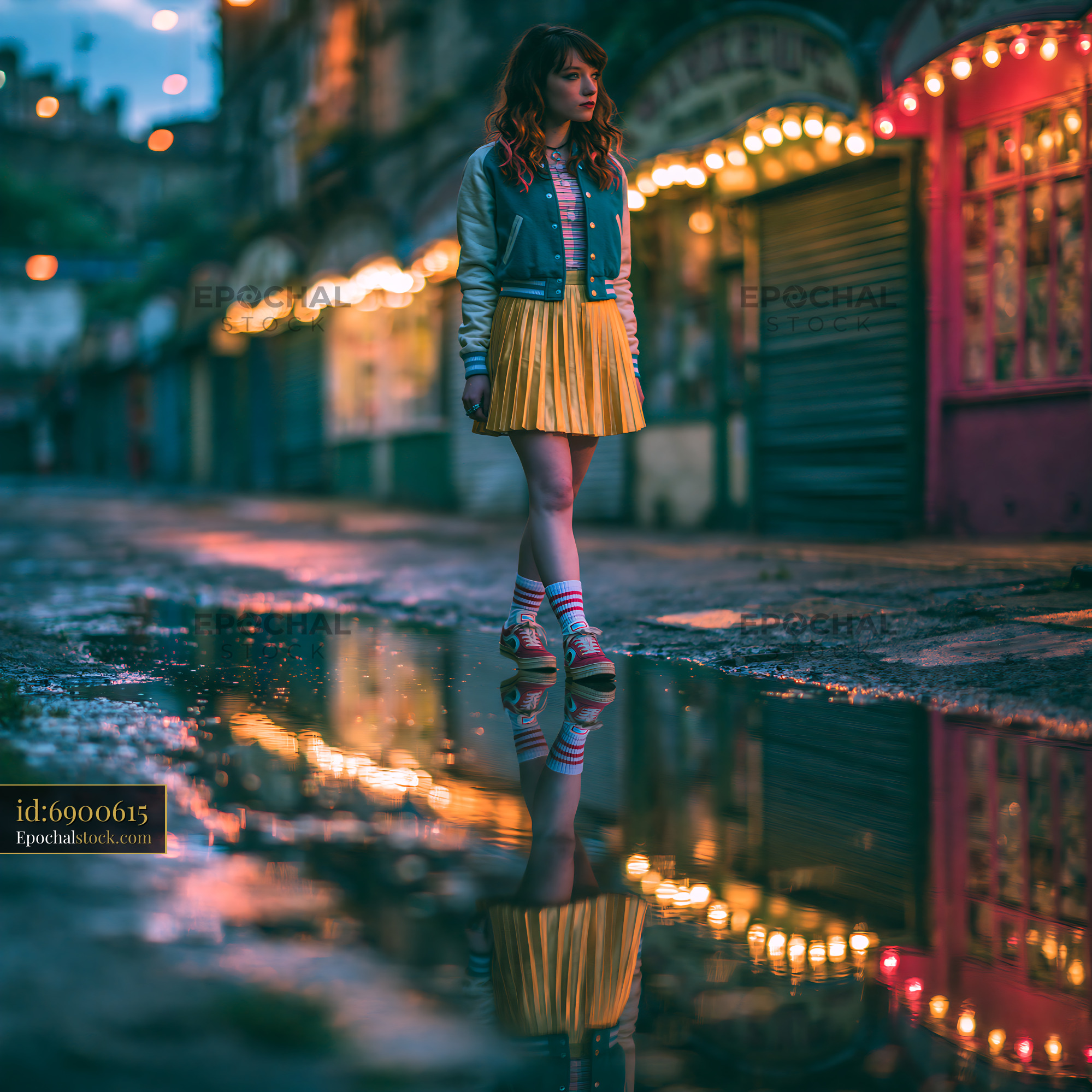 Watermarked full-resolution preview of Young woman walking along a street with colorful lights at night