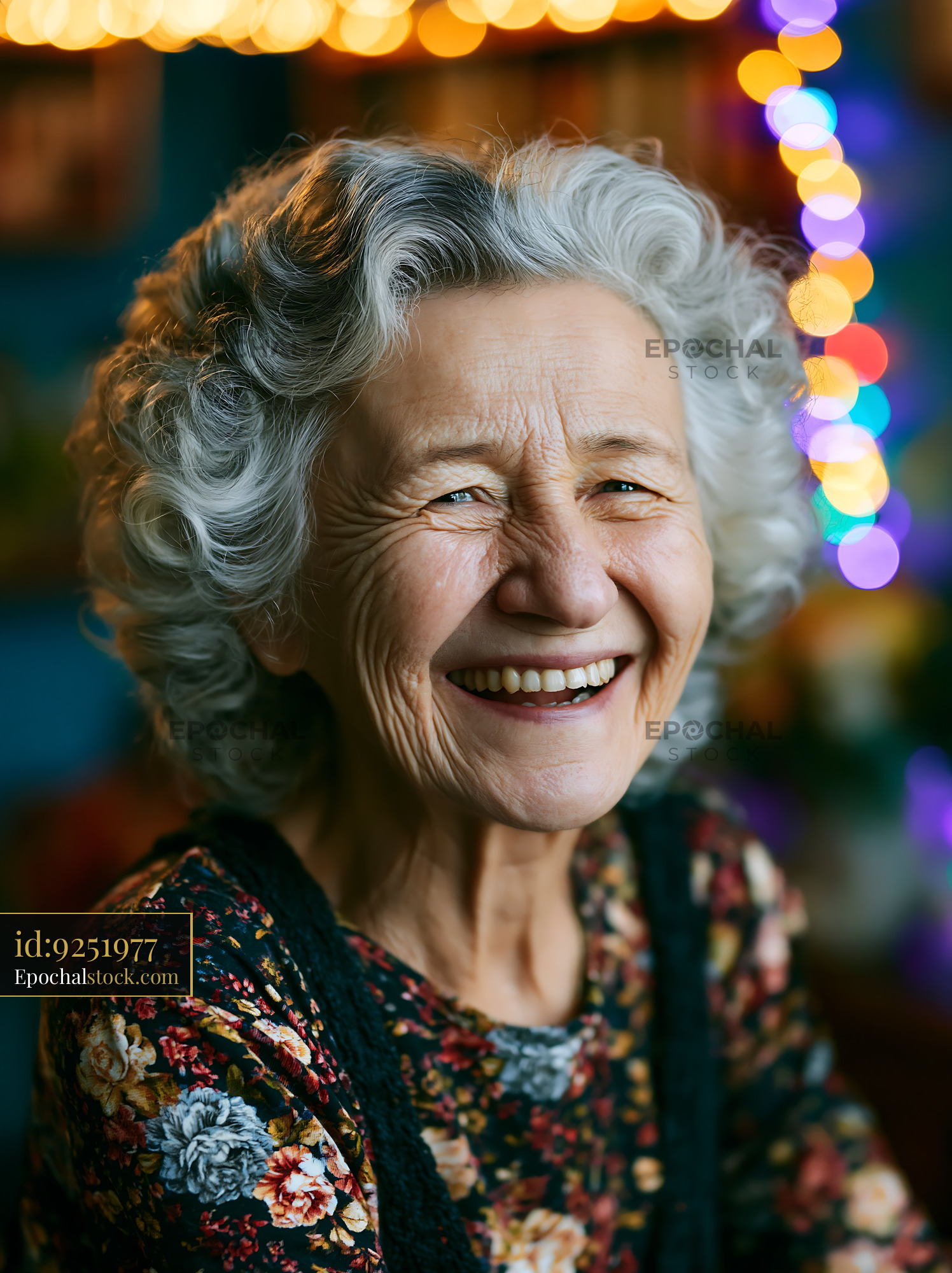 Watermarked full-resolution preview of Smiling elderly woman with curly gray hair
