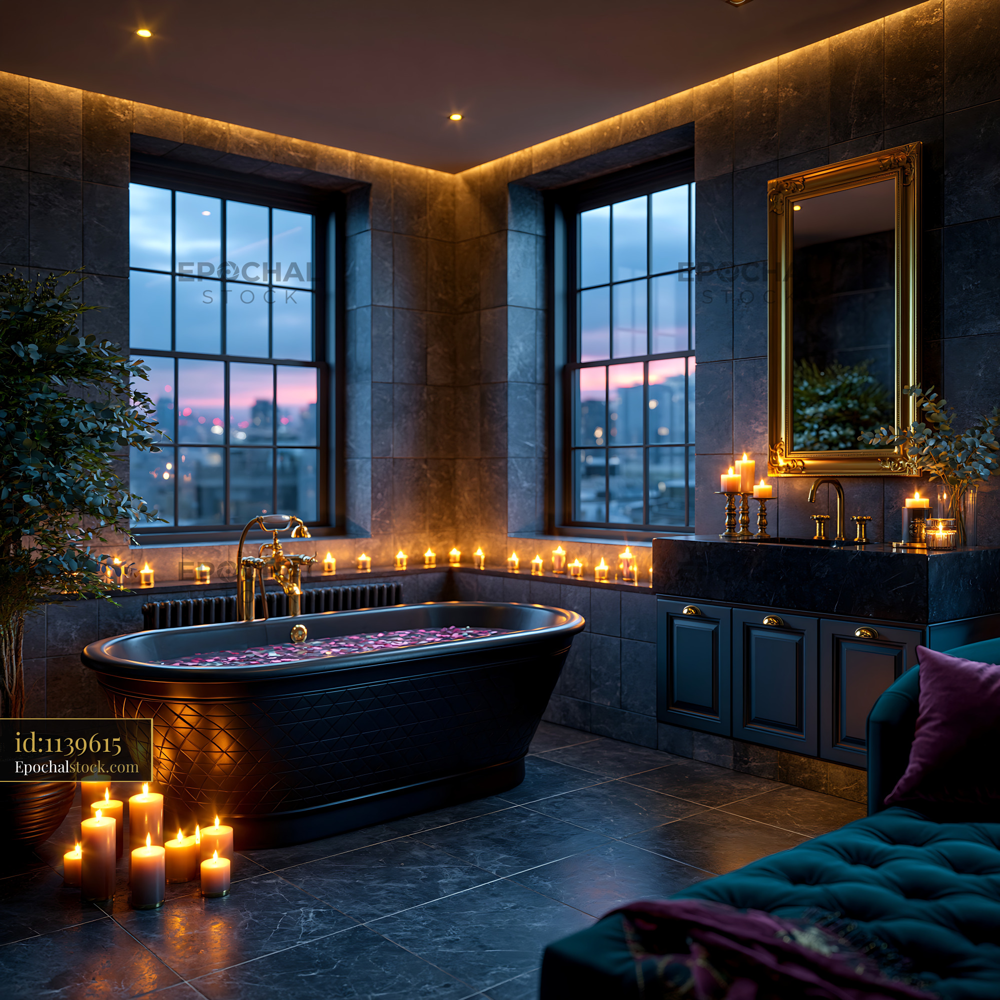 Watermarked full-resolution preview of Candlelit luxury bathroom interior at dusk