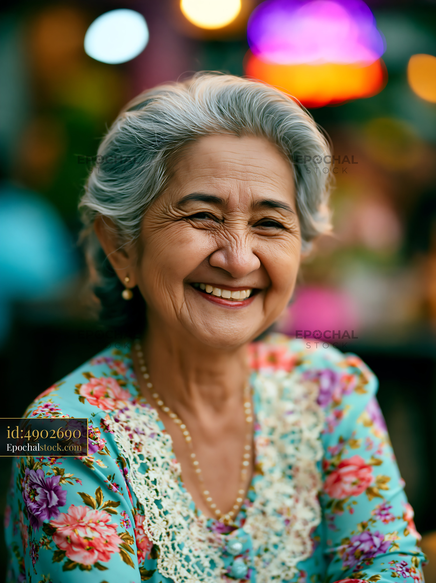 Watermarked full-resolution preview of Smiling elderly woman wearing floral clothing at a gathering