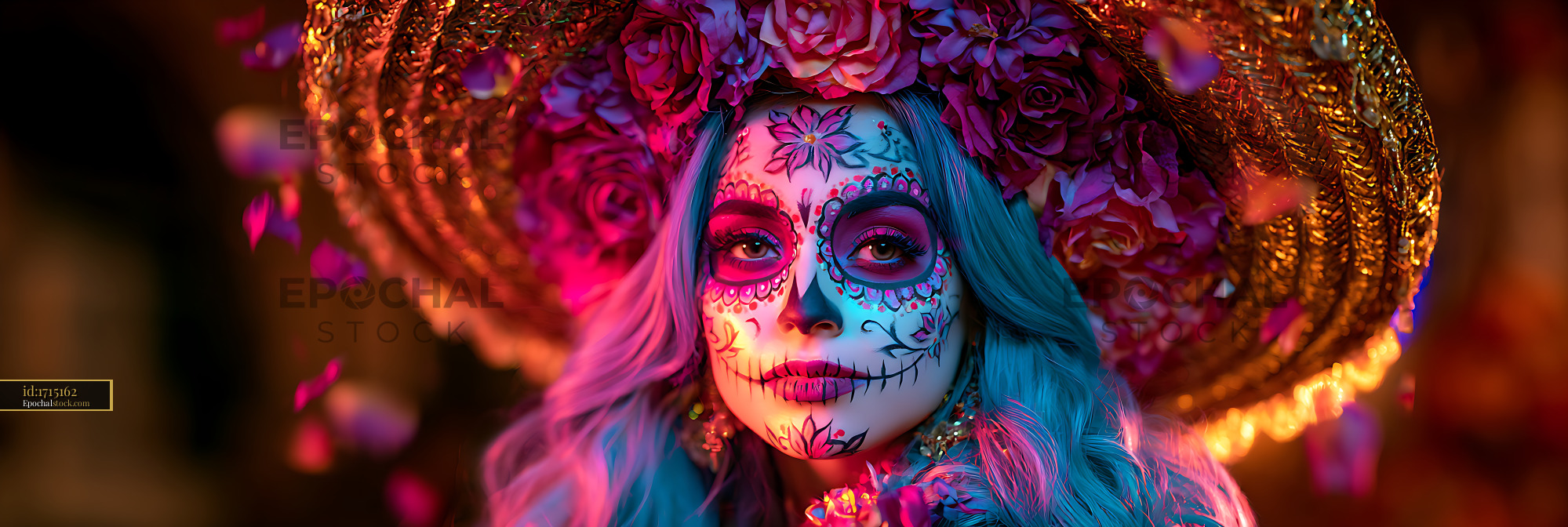 Watermarked full-resolution preview of Close-up portrait with colorful sugar skull makeup and flowers