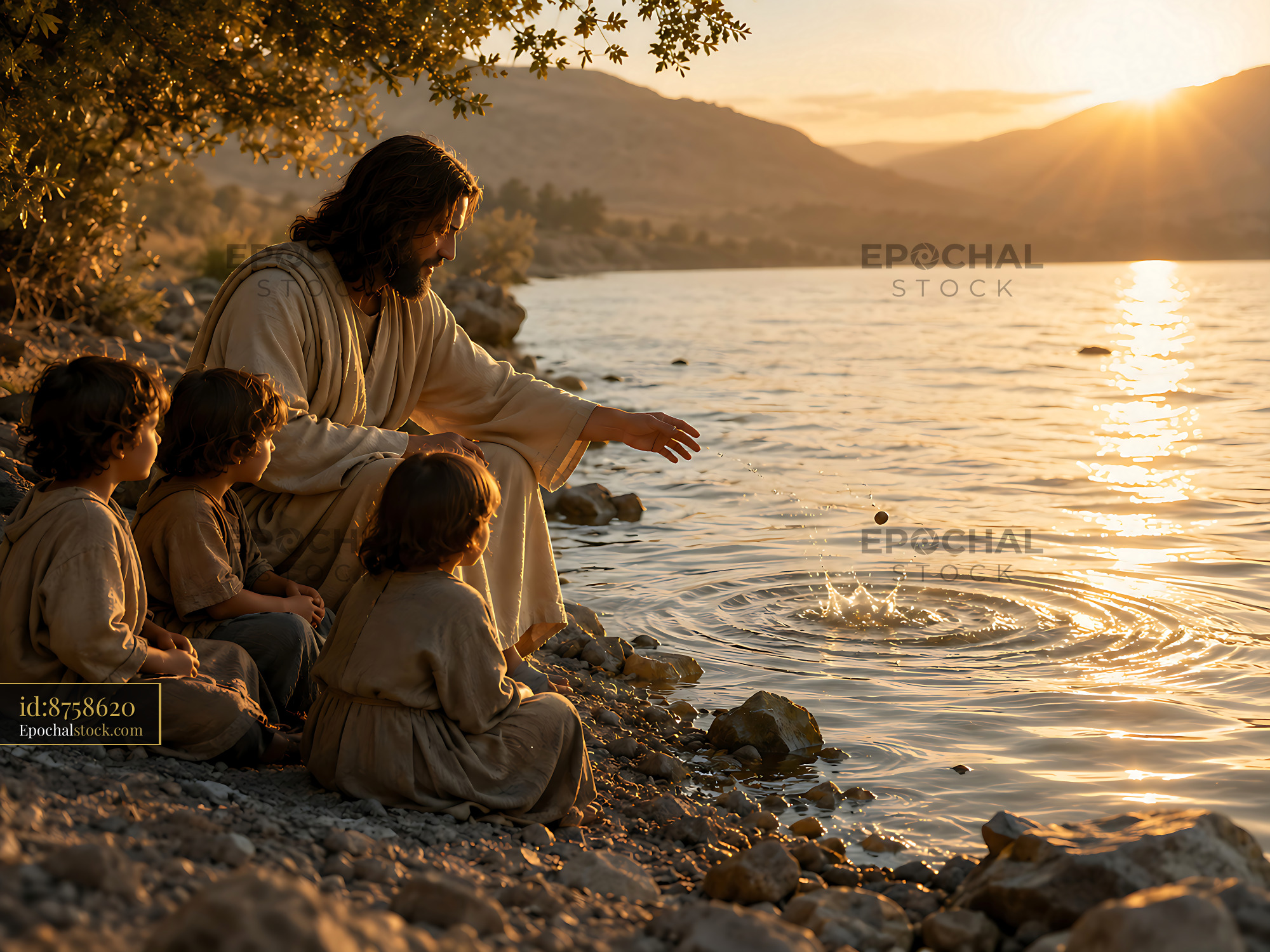 Watermarked full-resolution preview of Jesus teaches children by the river at sunset