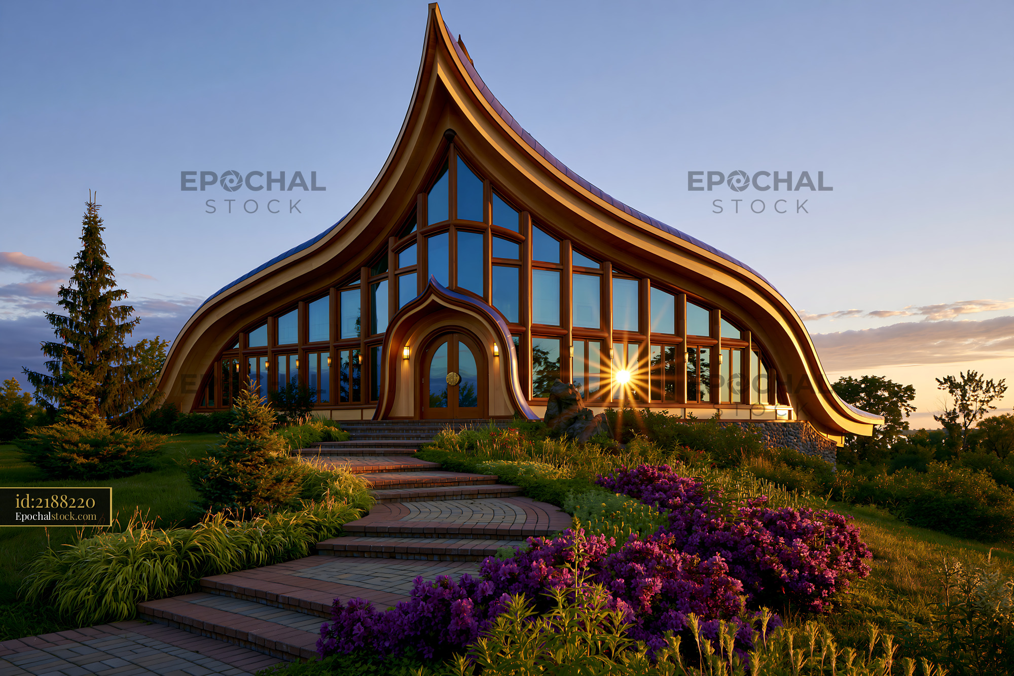 Watermarked full-resolution preview of Unique building with large windows and colorful landscaping