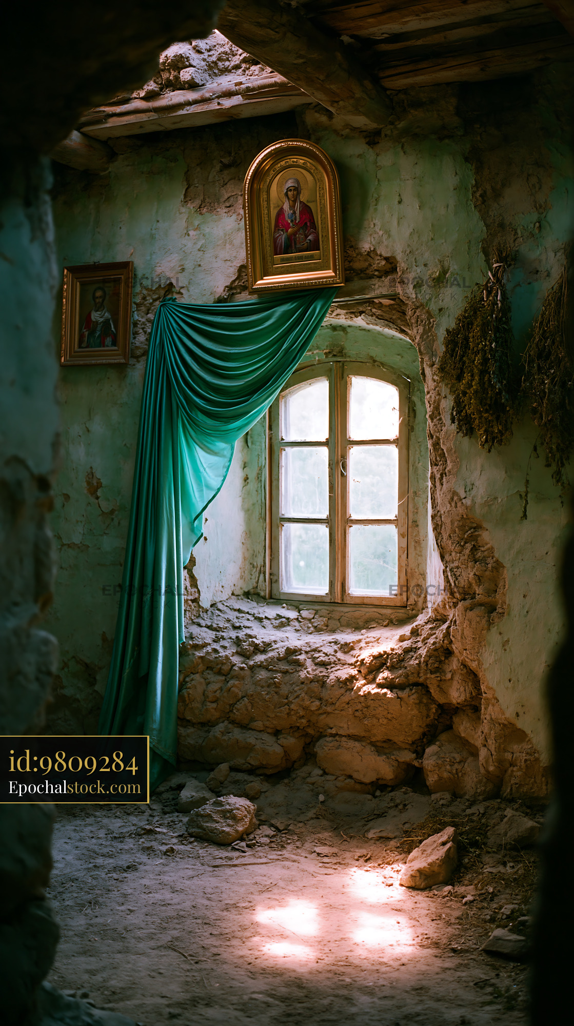 Watermarked full-resolution preview of Old room with window and drapery in abandoned building