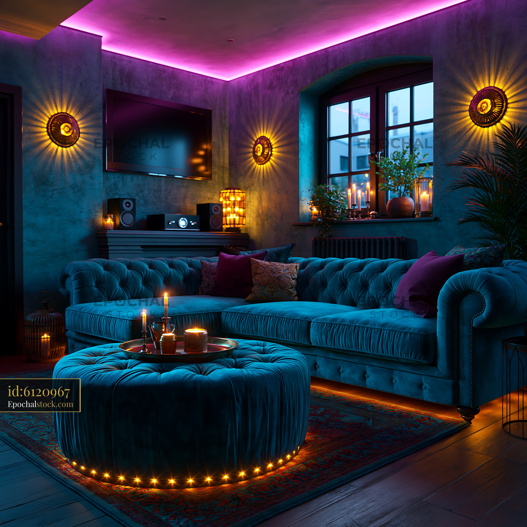 Watermarked full-resolution preview of Cozy living room with blue sofa and ambient lighting