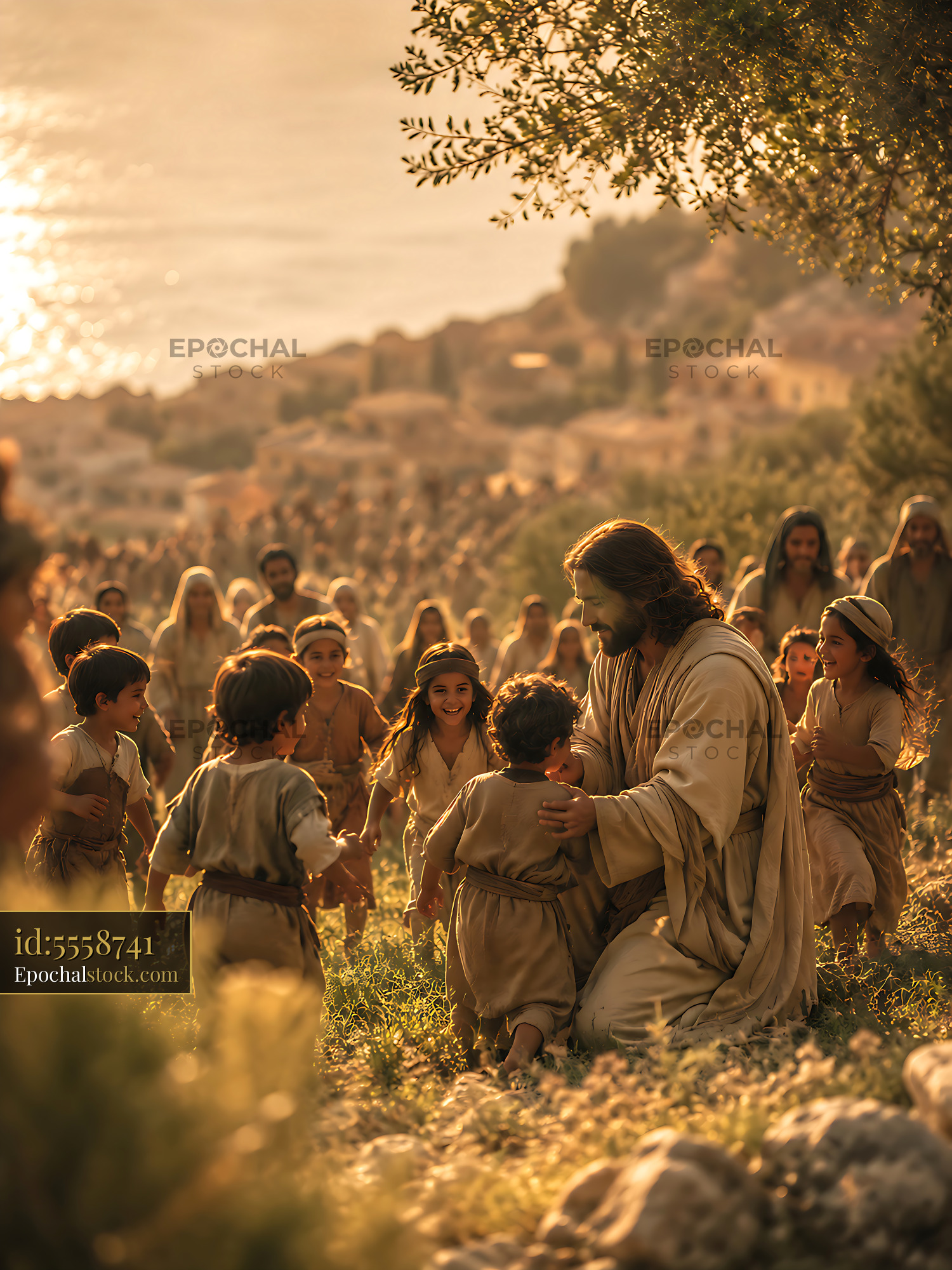 Watermarked full-resolution preview of Children playing around a kind figure on a hillside
