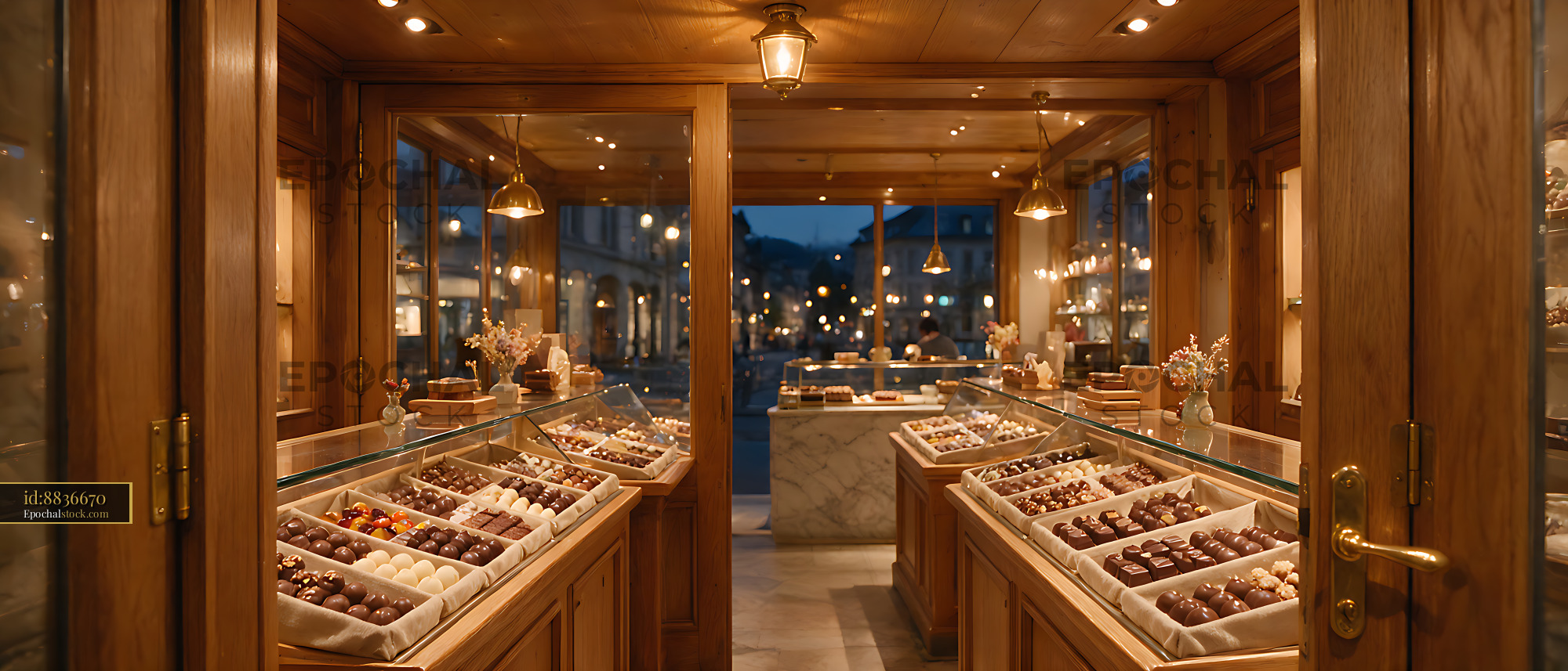 Watermarked full-resolution preview of Warm wood chocolate boutique with praline displays