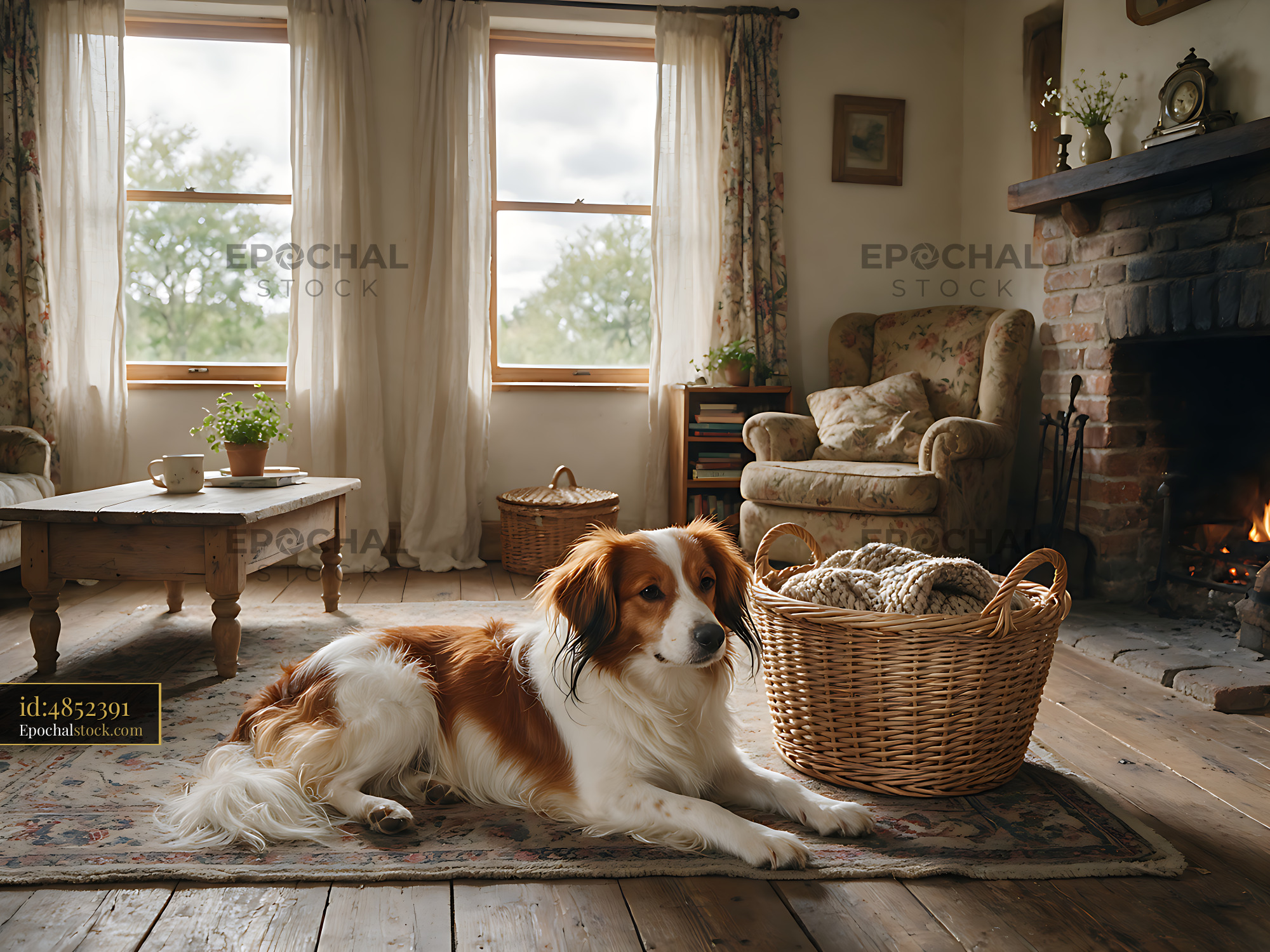 Watermarked full-resolution preview of Long-haired dog relaxing beside a fireplace at home