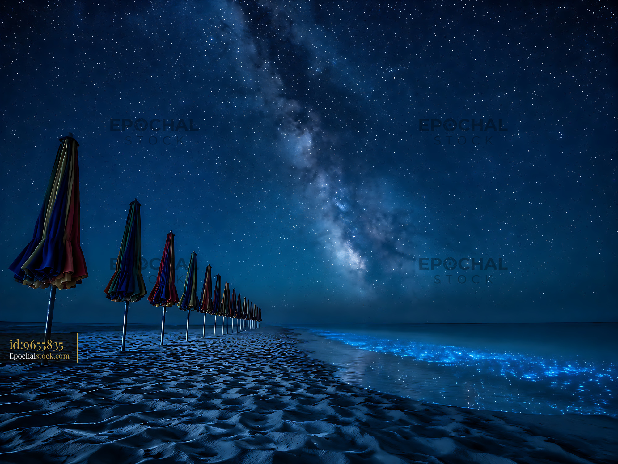 Watermarked full-resolution preview of Night sky over beach with umbrellas and glowing waves