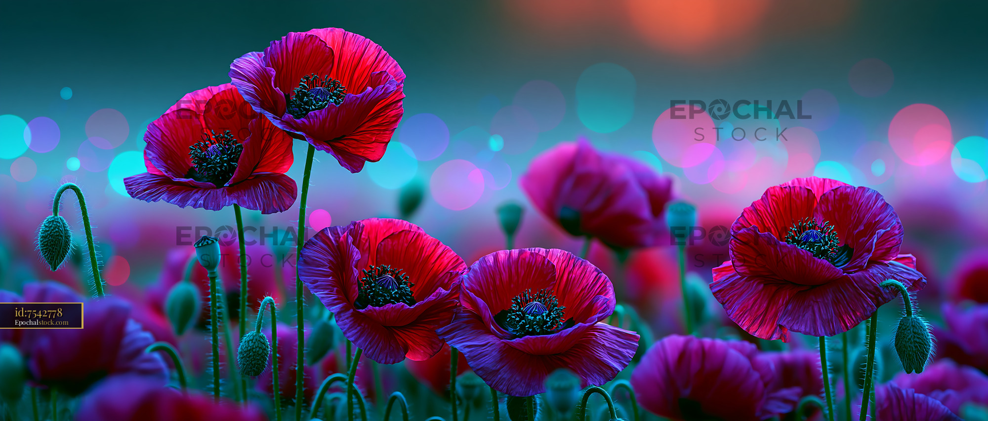 Watermarked full-resolution preview of Vibrant red poppies blooming in a colorful field at dusk