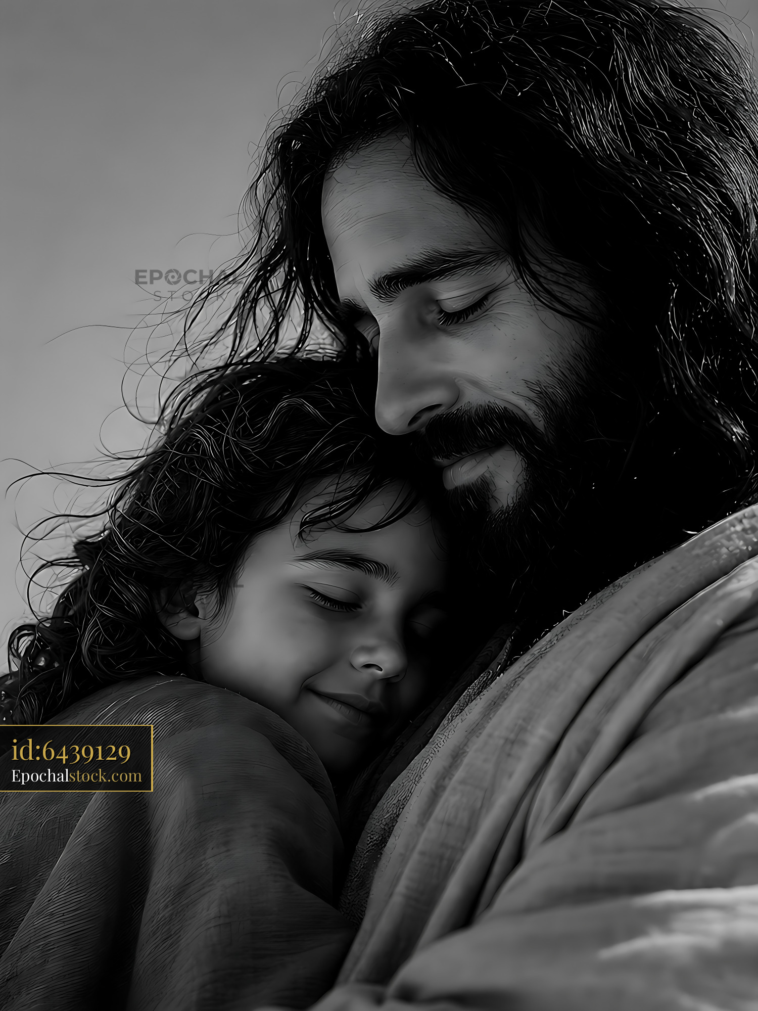 Man Holds Child in Embrace Showing Love and Comfort - stock photo