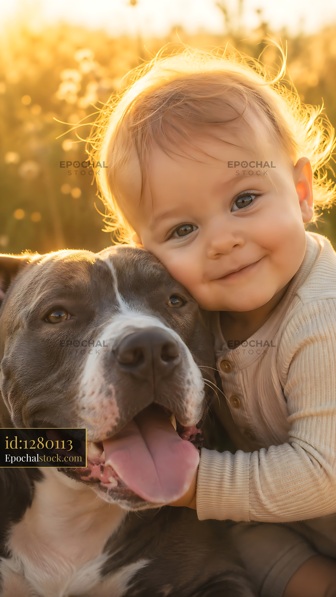 Watermarked full-resolution preview of Child and dog share a moment in a sunny field