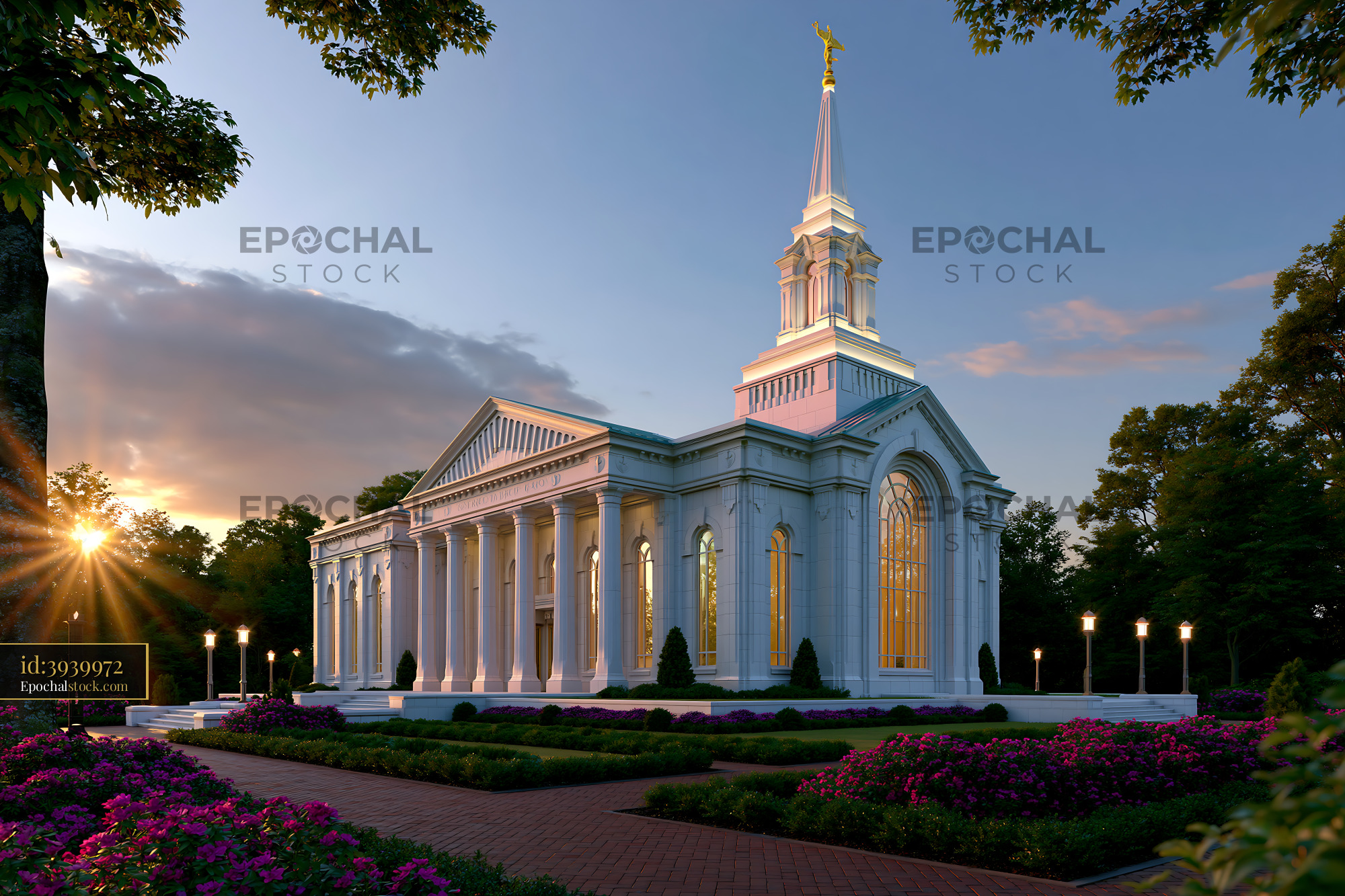 Watermarked full-resolution preview of Building with white pillars and a tall spire at sunset