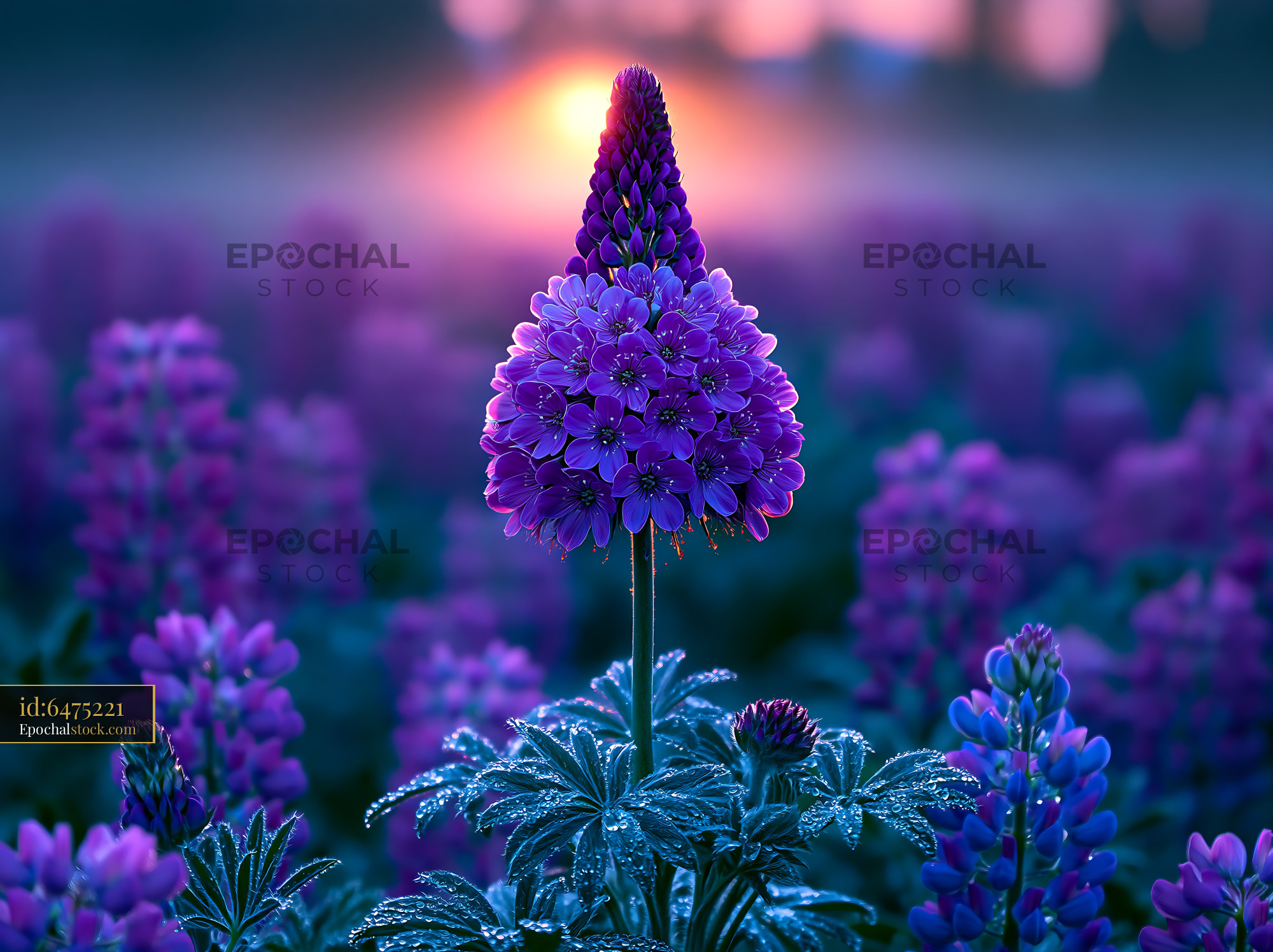 Watermarked full-resolution preview of Purple flowers in a field during sunrise