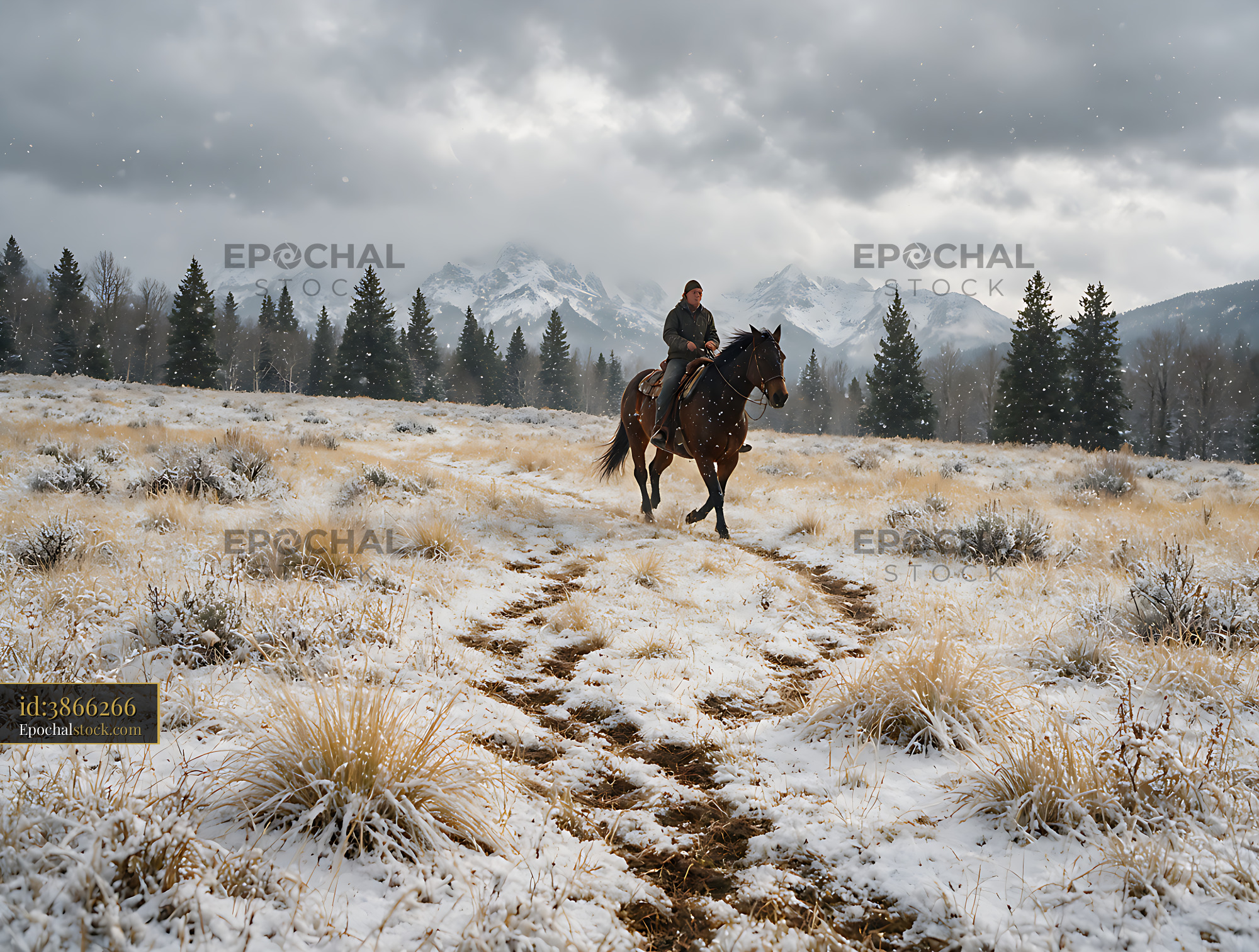 Watermarked full-resolution preview of Rider on horseback in a snowy mountain meadow