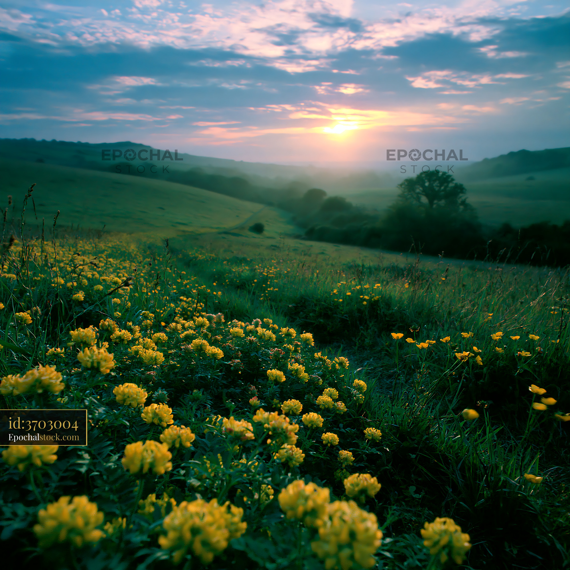 Watermarked full-resolution preview of Sunrise over a field of yellow flowers in a rural landscape