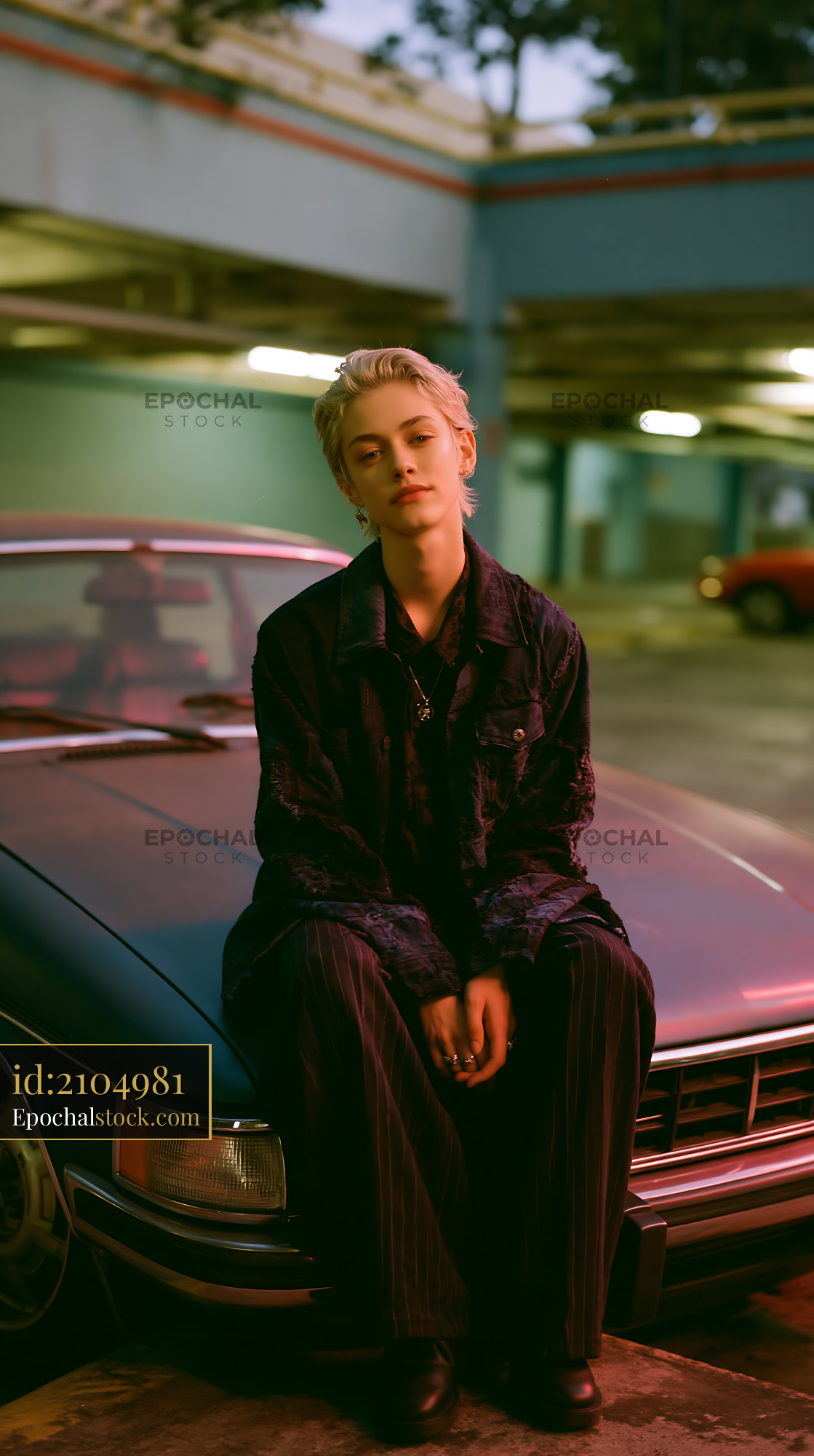 Watermarked full-resolution preview of Person sitting on a car hood in a parking garage at dusk