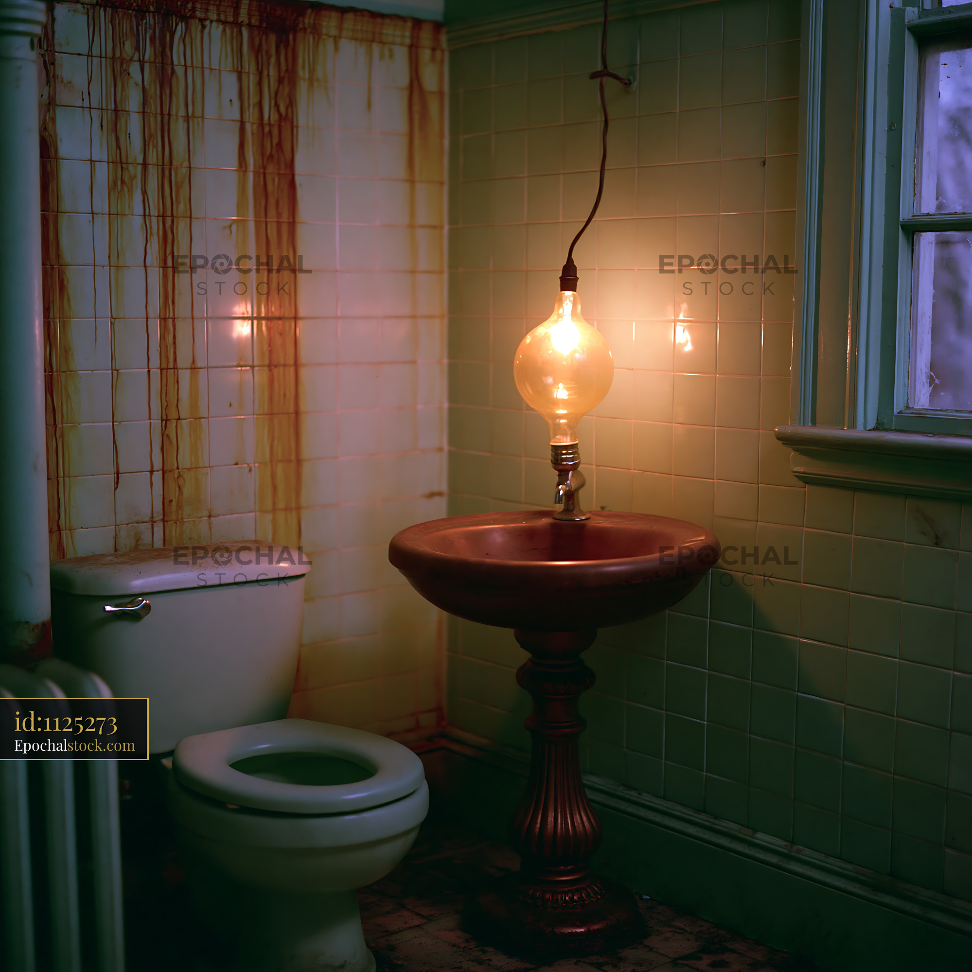 Watermarked full-resolution preview of Bathroom with vintage lighting and worn features