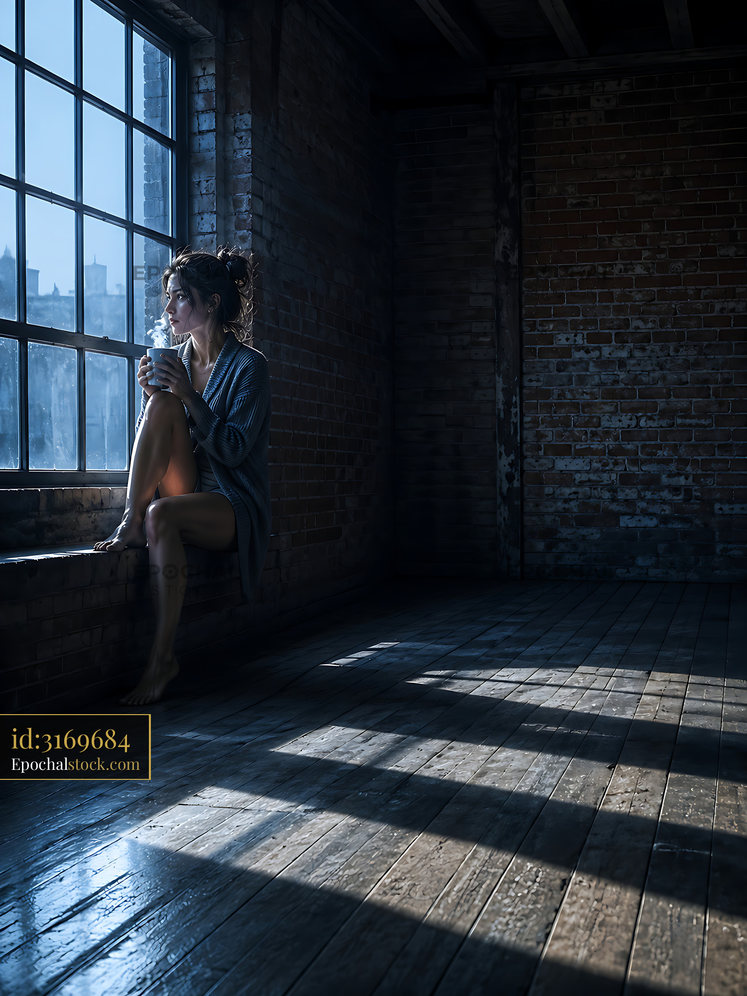 Woman Sitting by Window Holding Cup in Empty Room at Dawn - stock photo