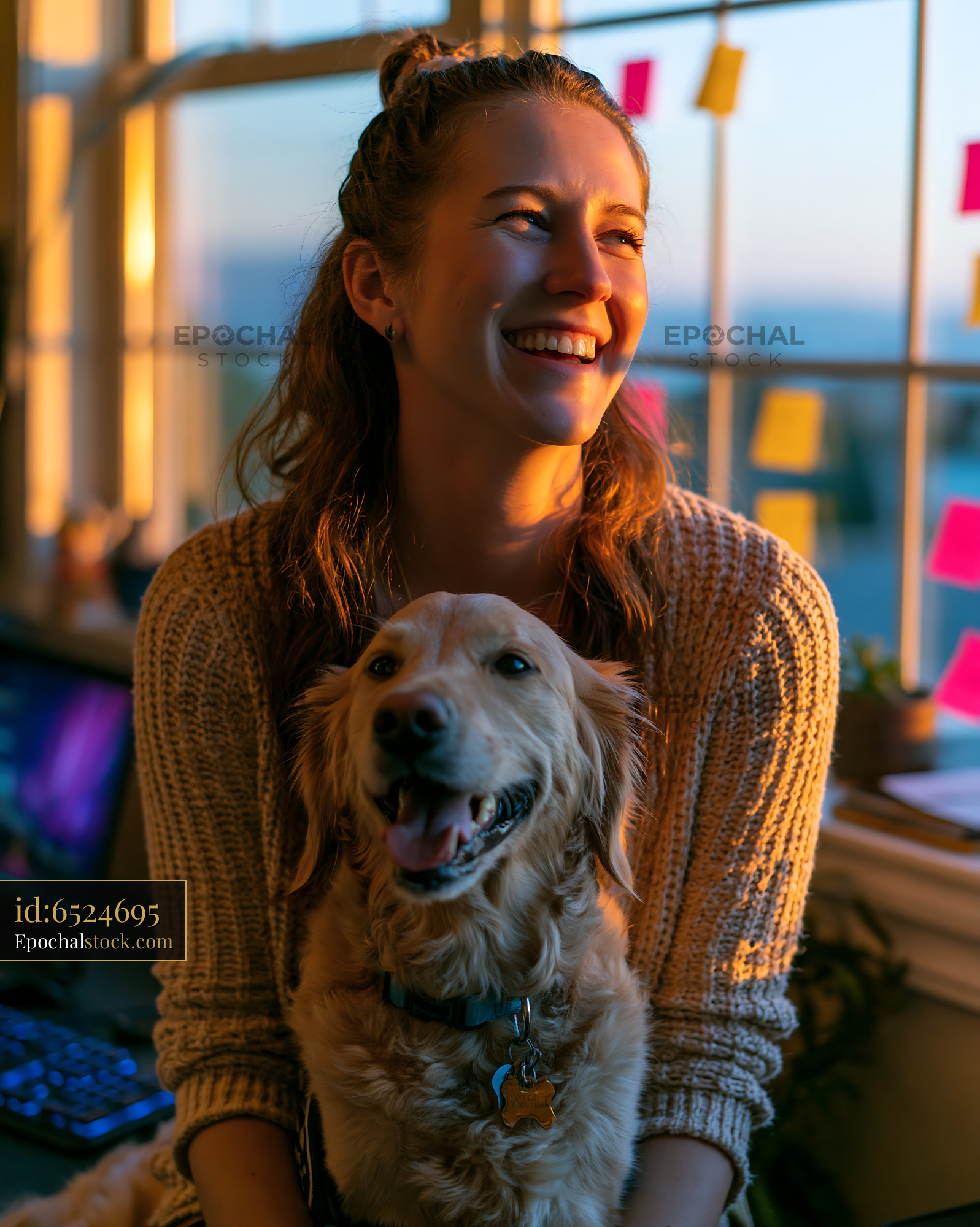Cheerful Woman With Golden Retriever Dog in Soft Evening Light - stock photo