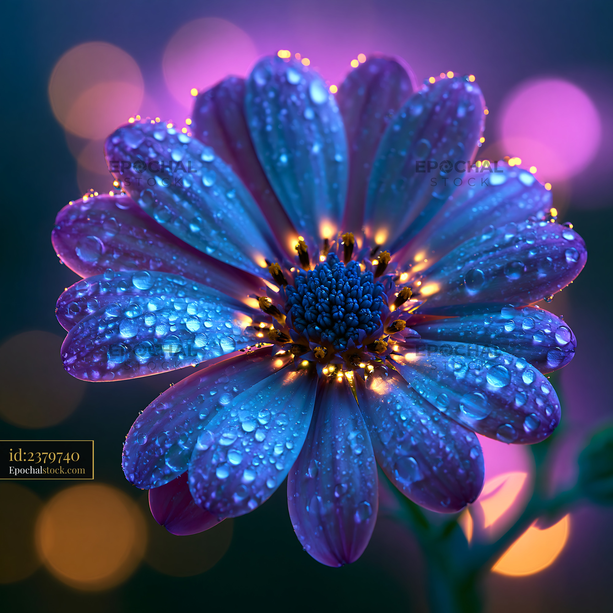 Watermarked full-resolution preview of Bright flower with droplets under colorful lights