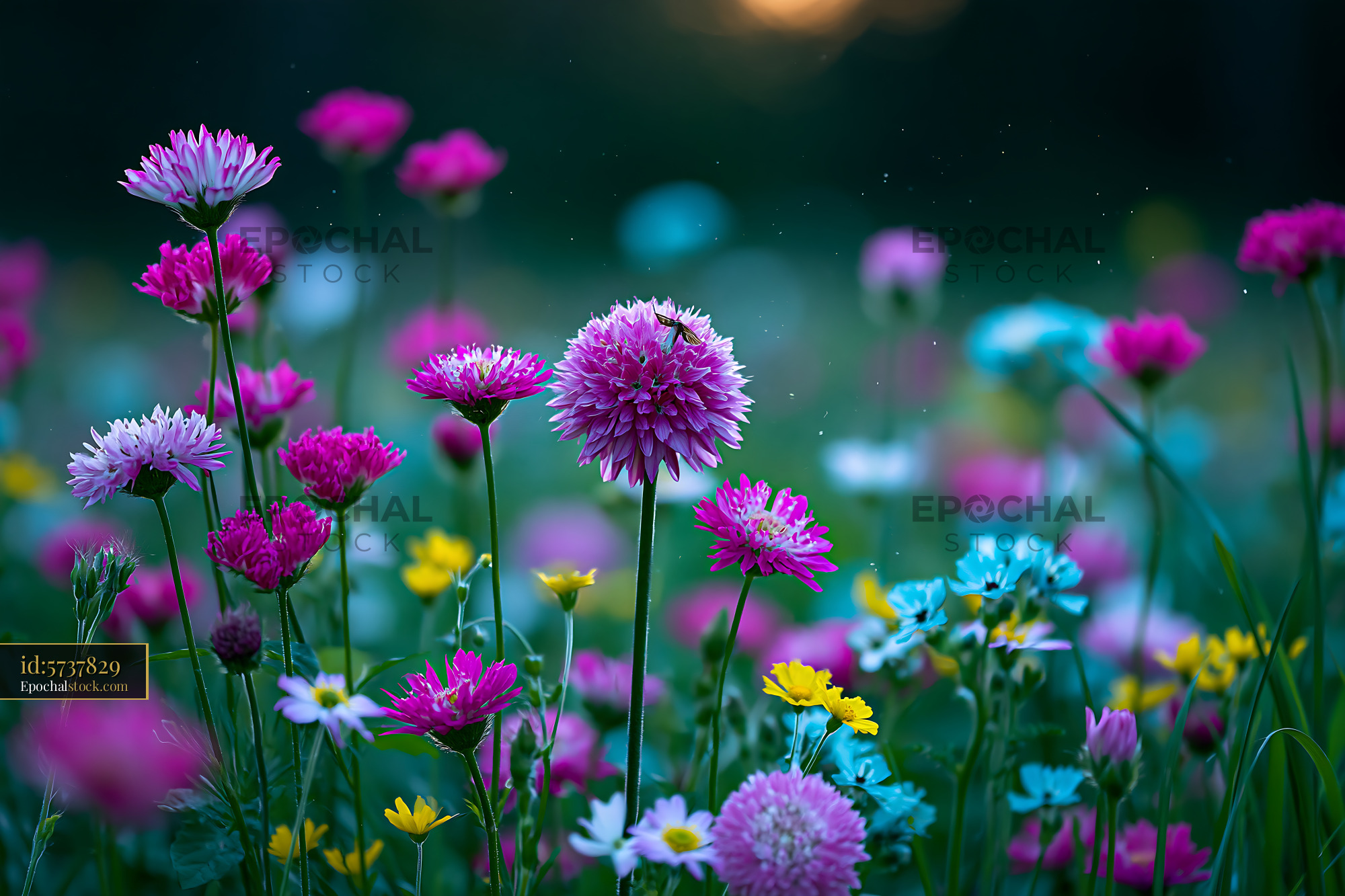 Watermarked full-resolution preview of Colorful flowers blooming in a garden at sunset