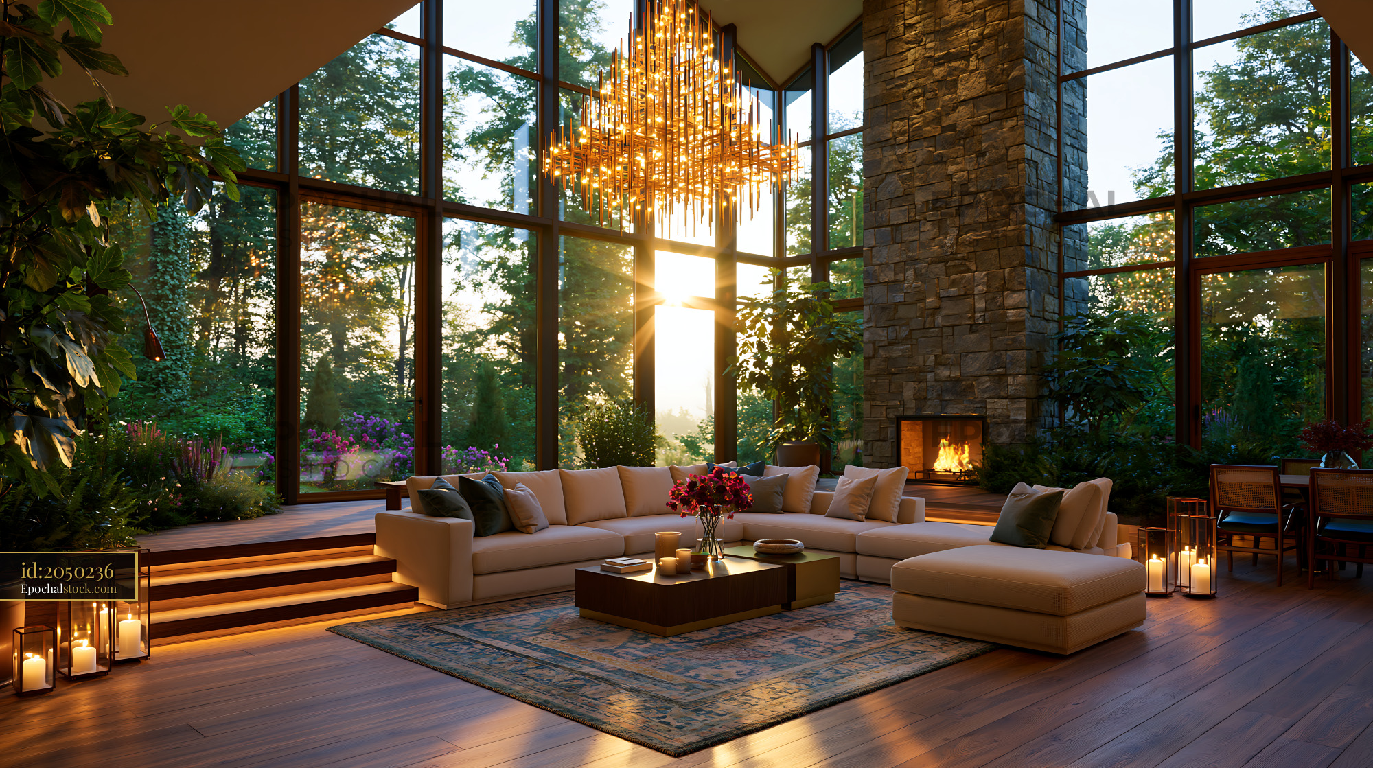 Watermarked full-resolution preview of Modern living room with large windows and chandelier