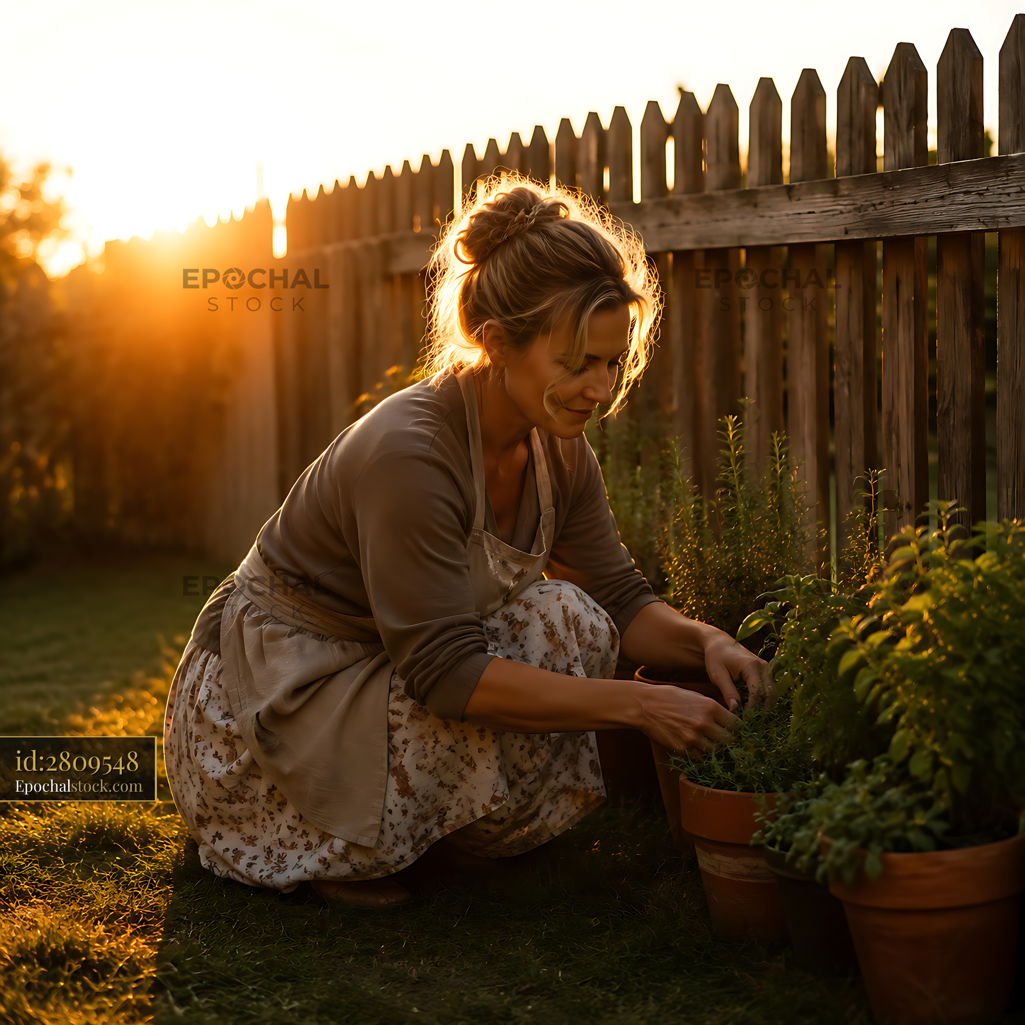 Watermarked full-resolution preview of Gardener tending to plants at sunset in backyard