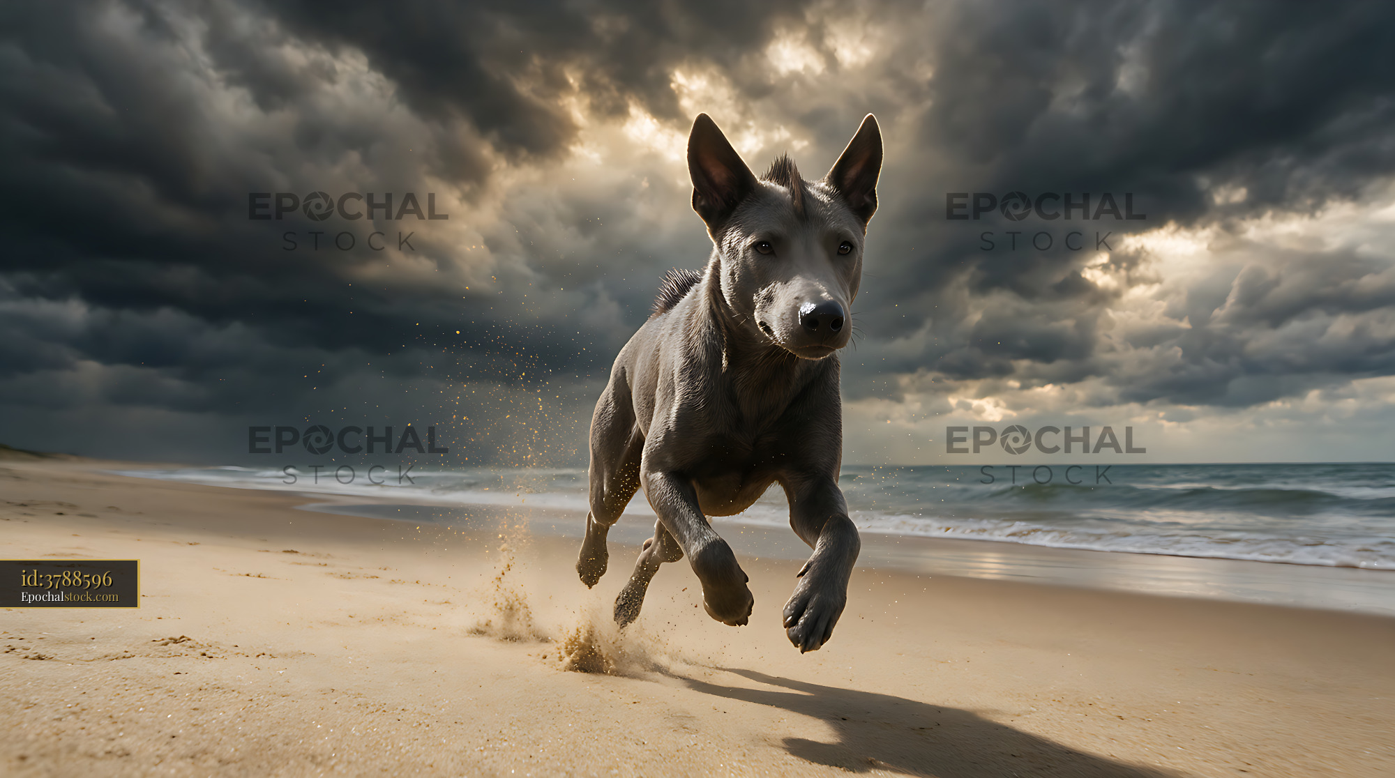 Watermarked full-resolution preview of Gray dog sprinting along a sandy beach