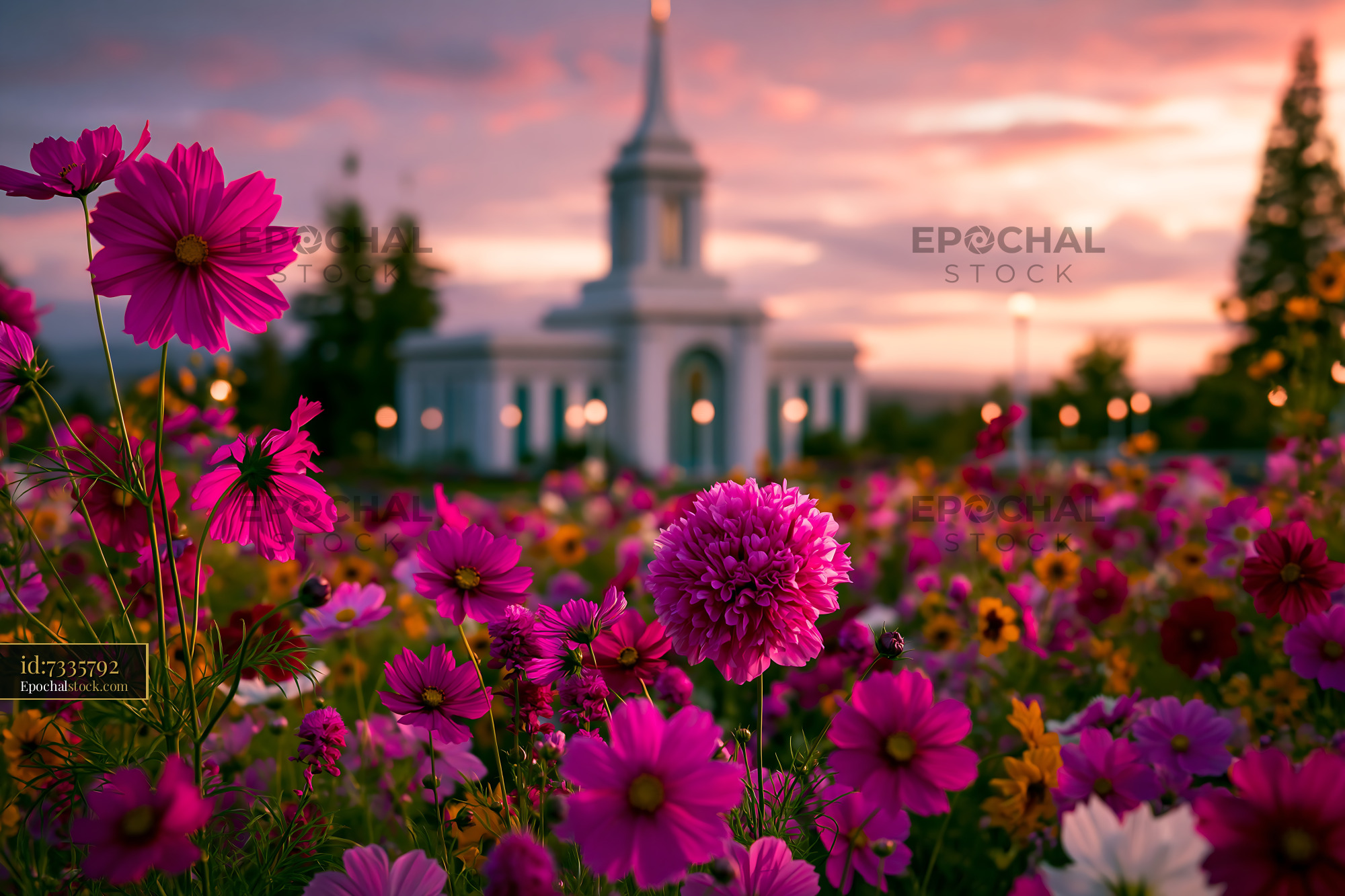 Watermarked full-resolution preview of Colorful flowers in bloom near a church at sunset