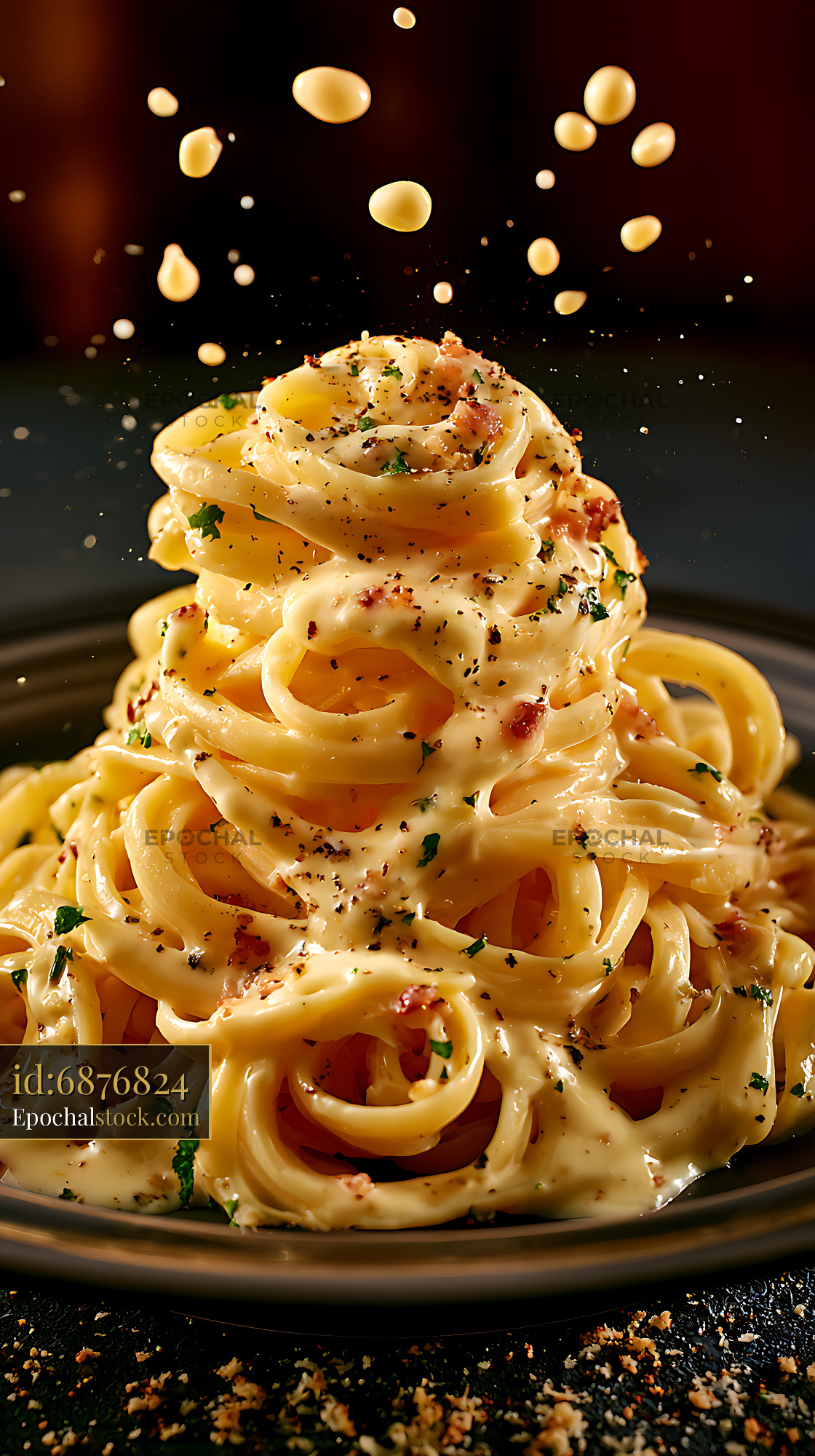 Creamy spaghetti pasta with herbs and flying sauce droplets