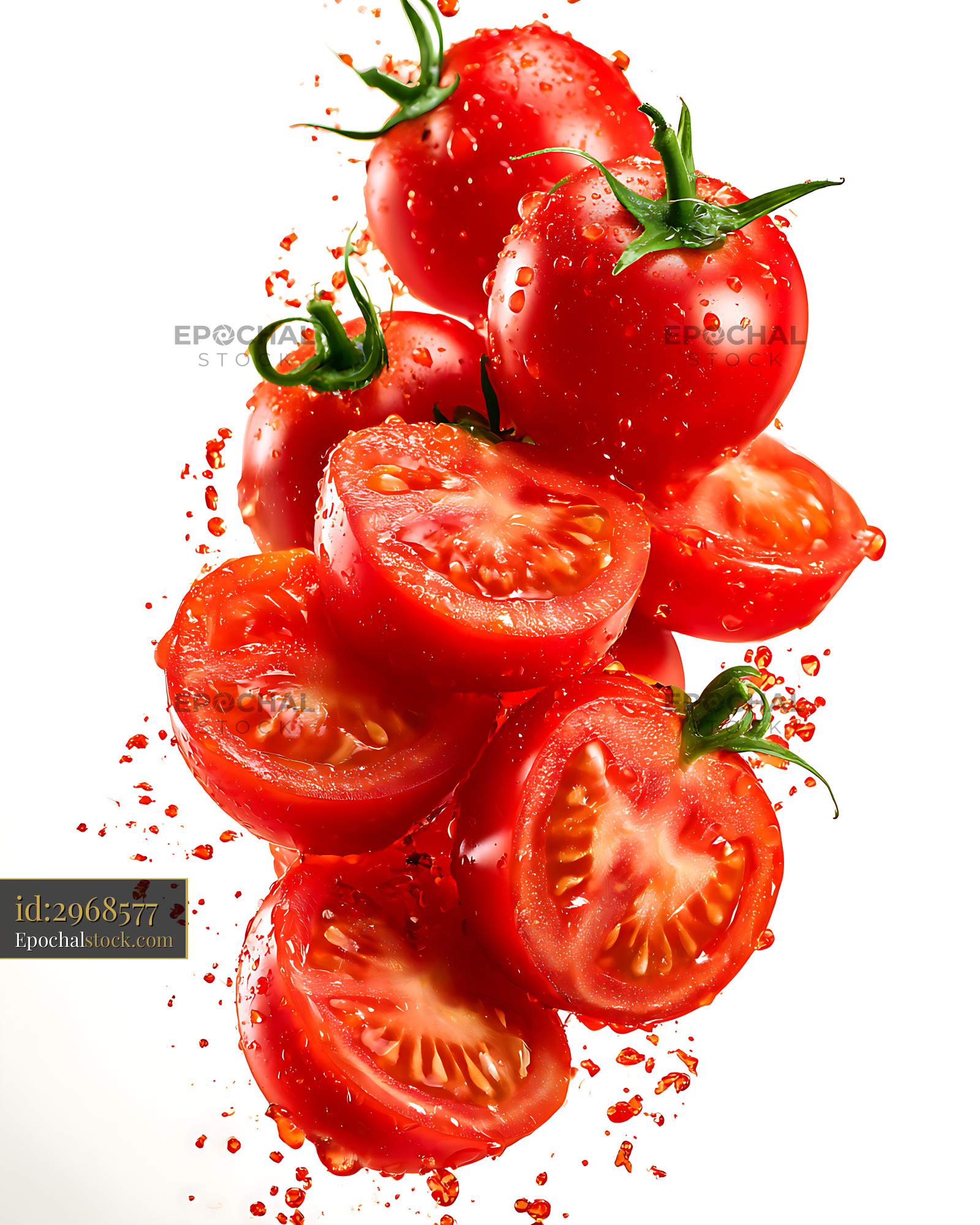 Fresh red tomatoes with water droplets and sliced halves