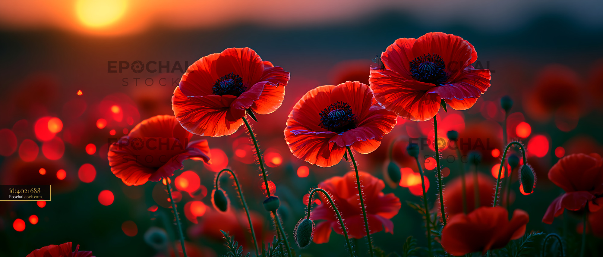Watermarked full-resolution preview of Red poppy flowers in a field during sunset
