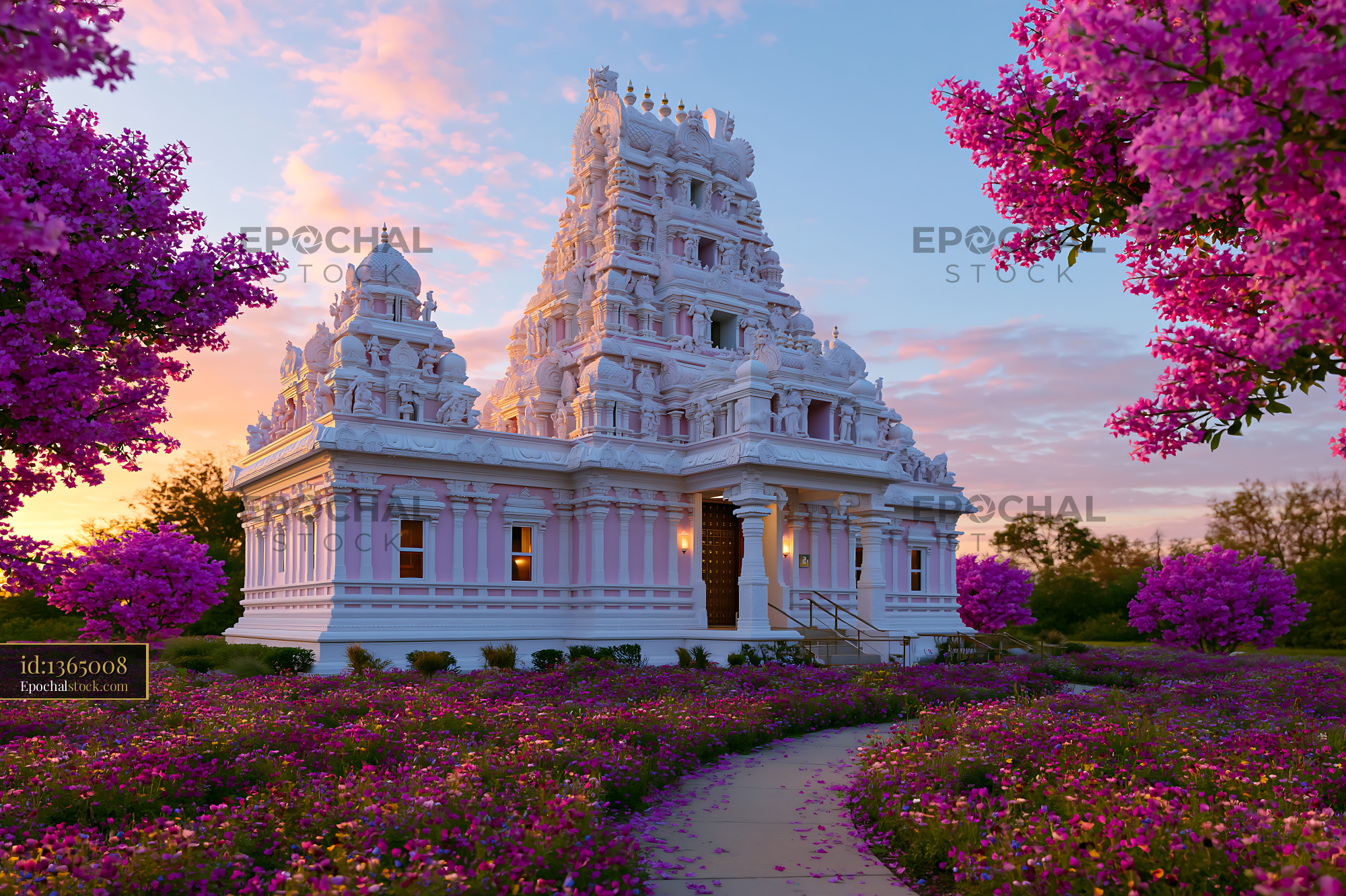 Watermarked full-resolution preview of Beautiful temple surrounded by blooming flowers at sunset