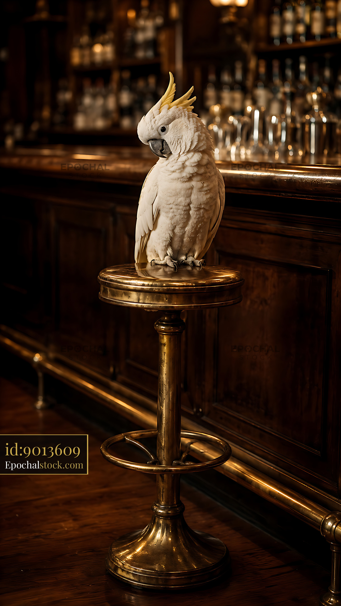 Cockatoo Sits on Bar Stool in Dimly Lit Tavern - stock photo