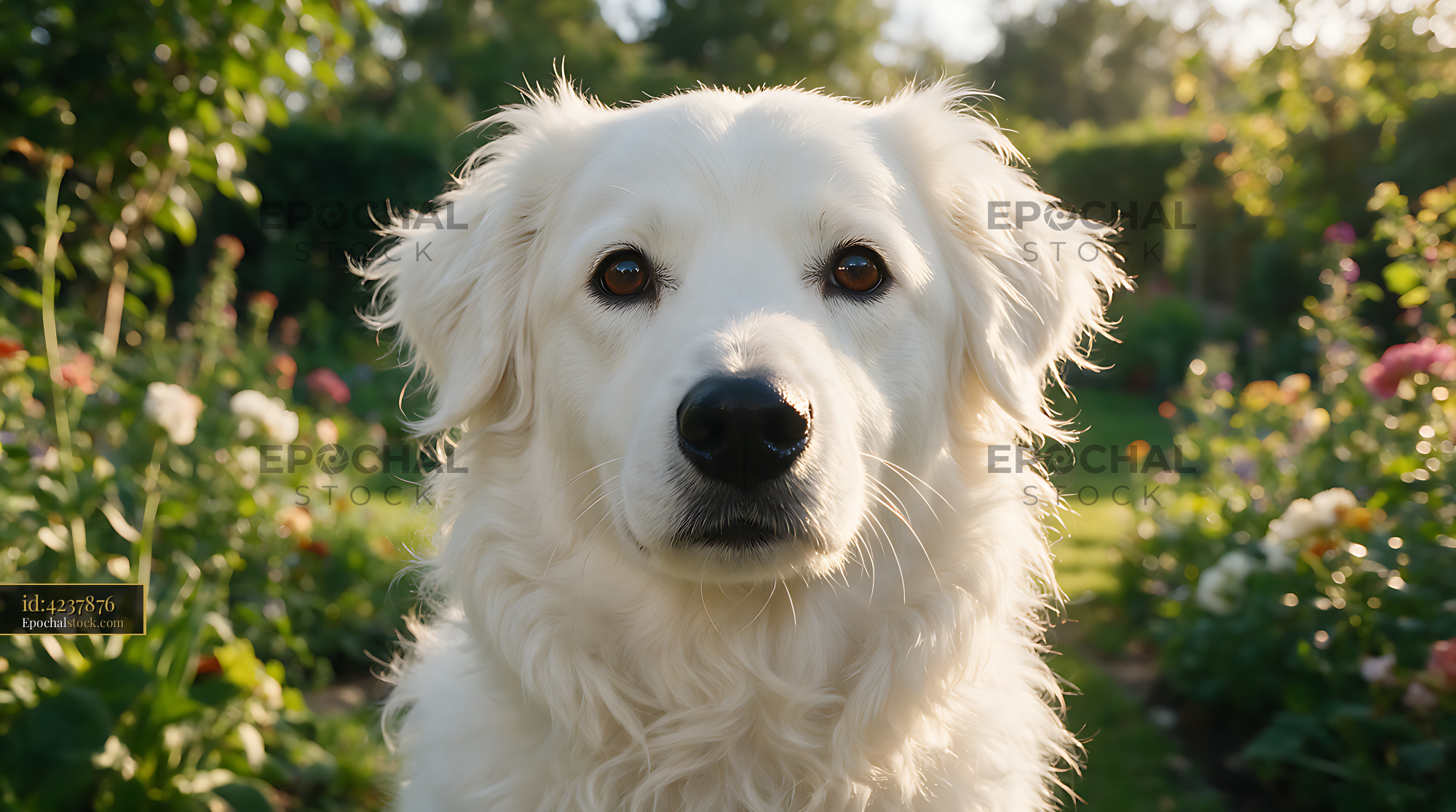 Watermarked full-resolution preview of Fluffy white dog looking at camera in garden