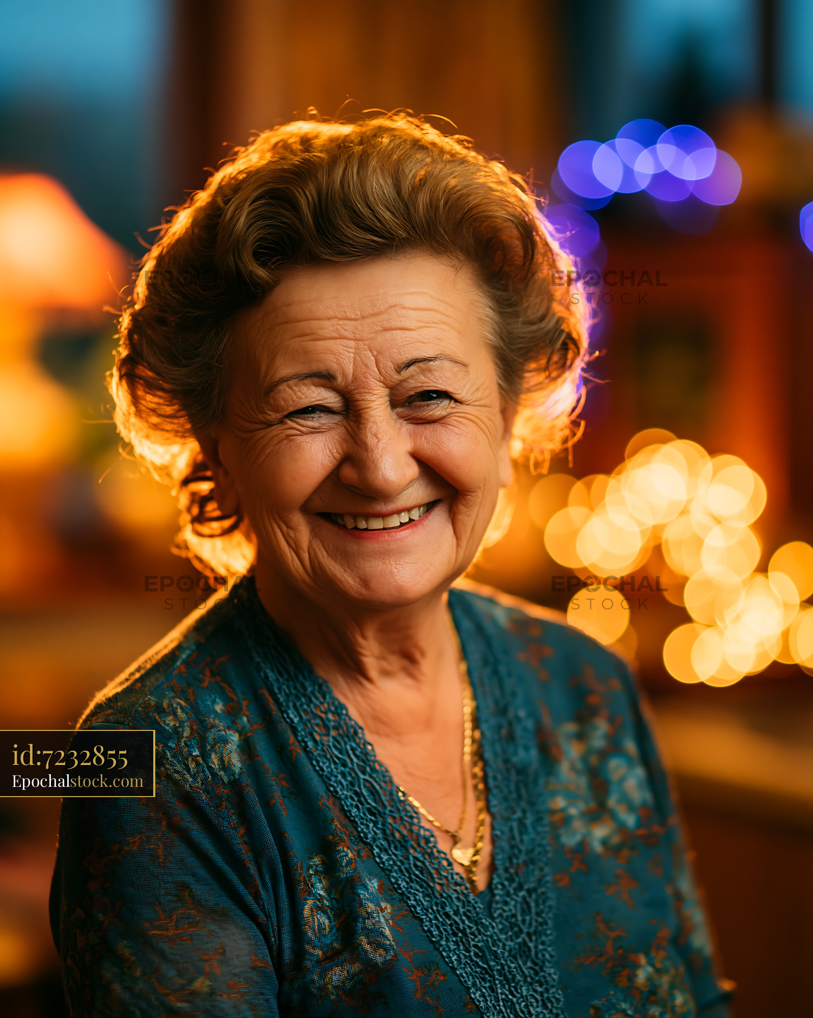Watermarked full-resolution preview of Smiling senior woman in cozy indoor setting with warm lights