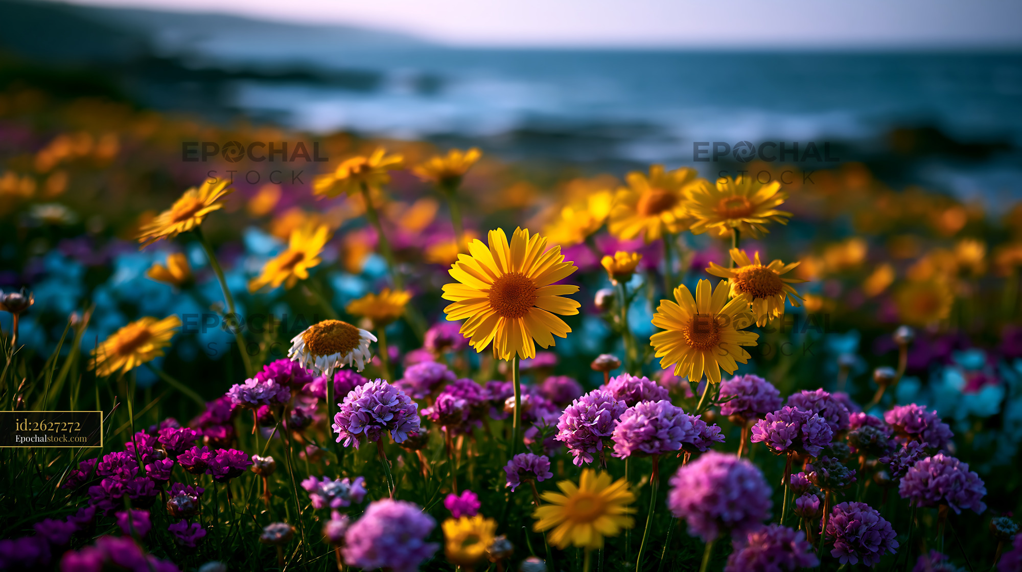 Watermarked full-resolution preview of Vibrant wildflowers bloom by the ocean during golden hour