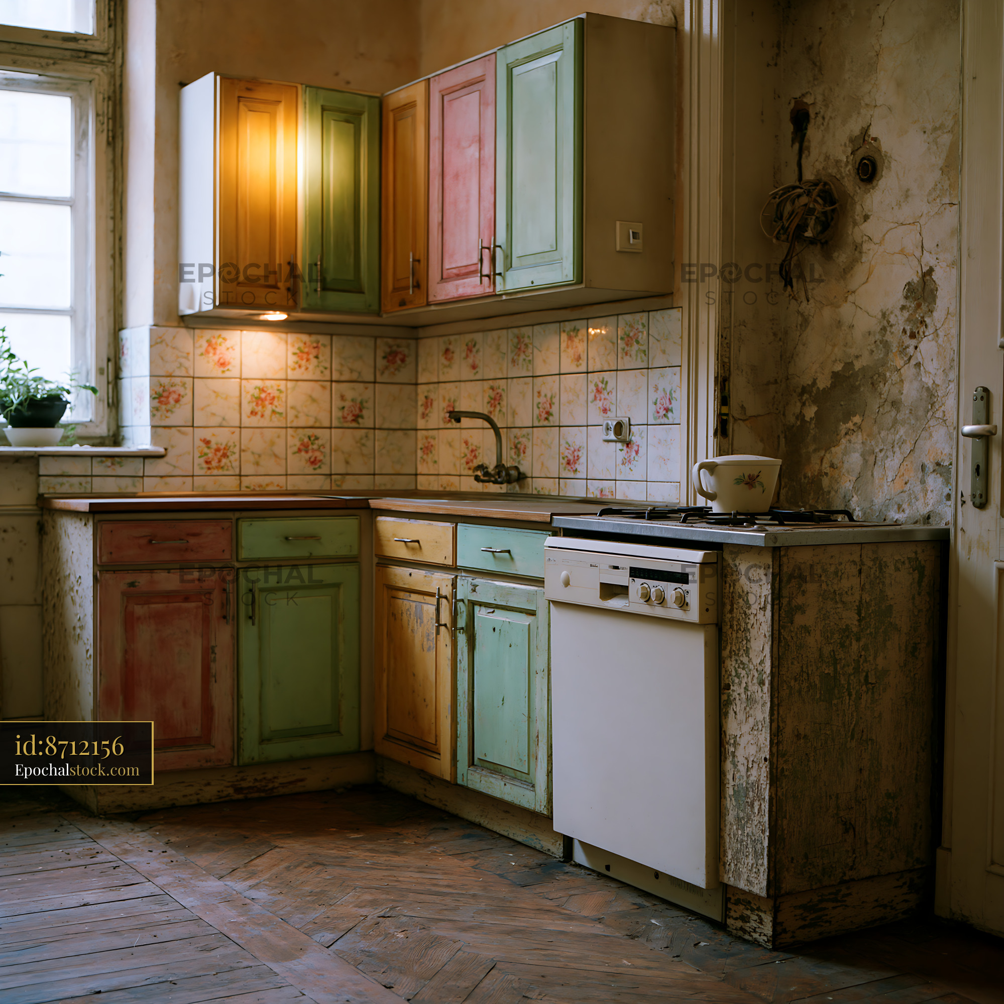 Watermarked full-resolution preview of Colorful vintage kitchen with shabby elements
