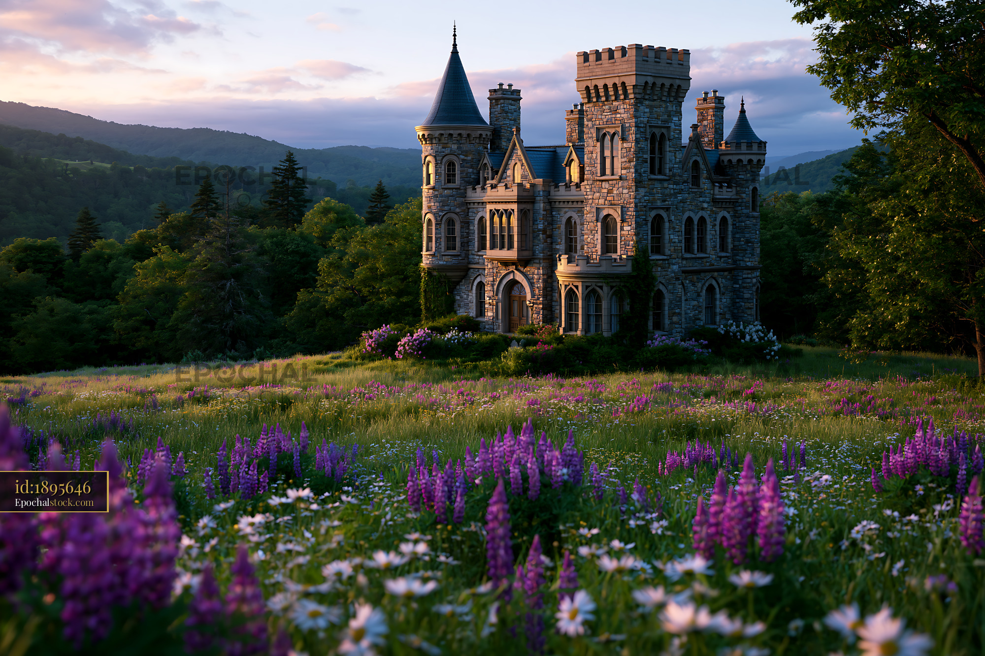 Watermarked full-resolution preview of Castle surrounded by flowers in a field at sunset