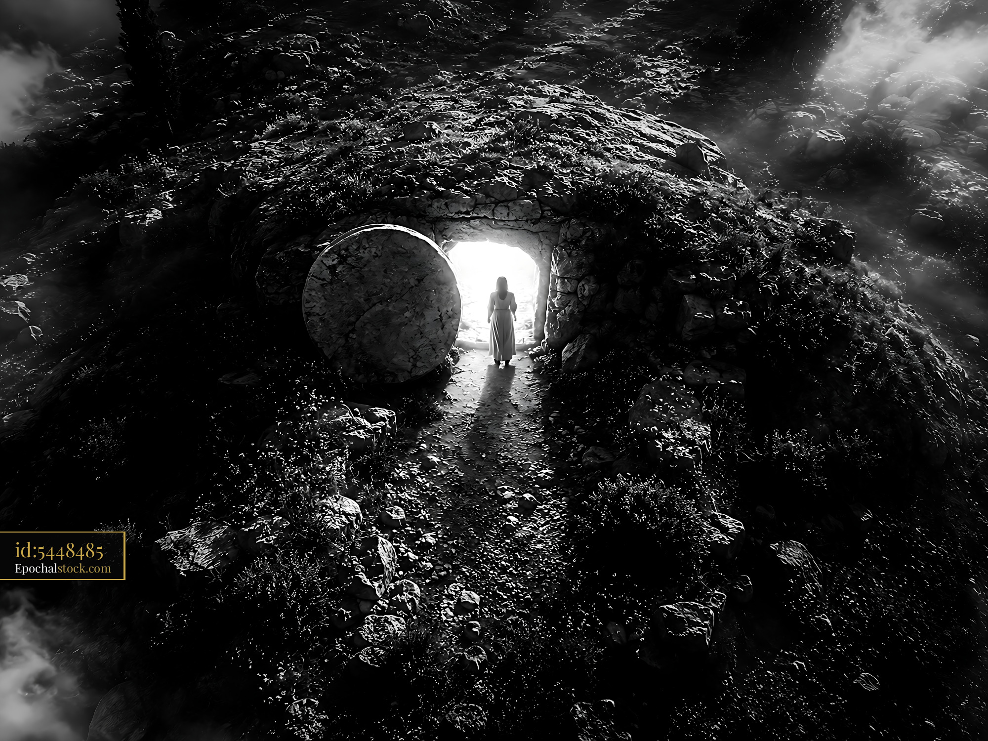 Watermarked full-resolution preview of Mysterious cave entrance with a figure stepping outside
