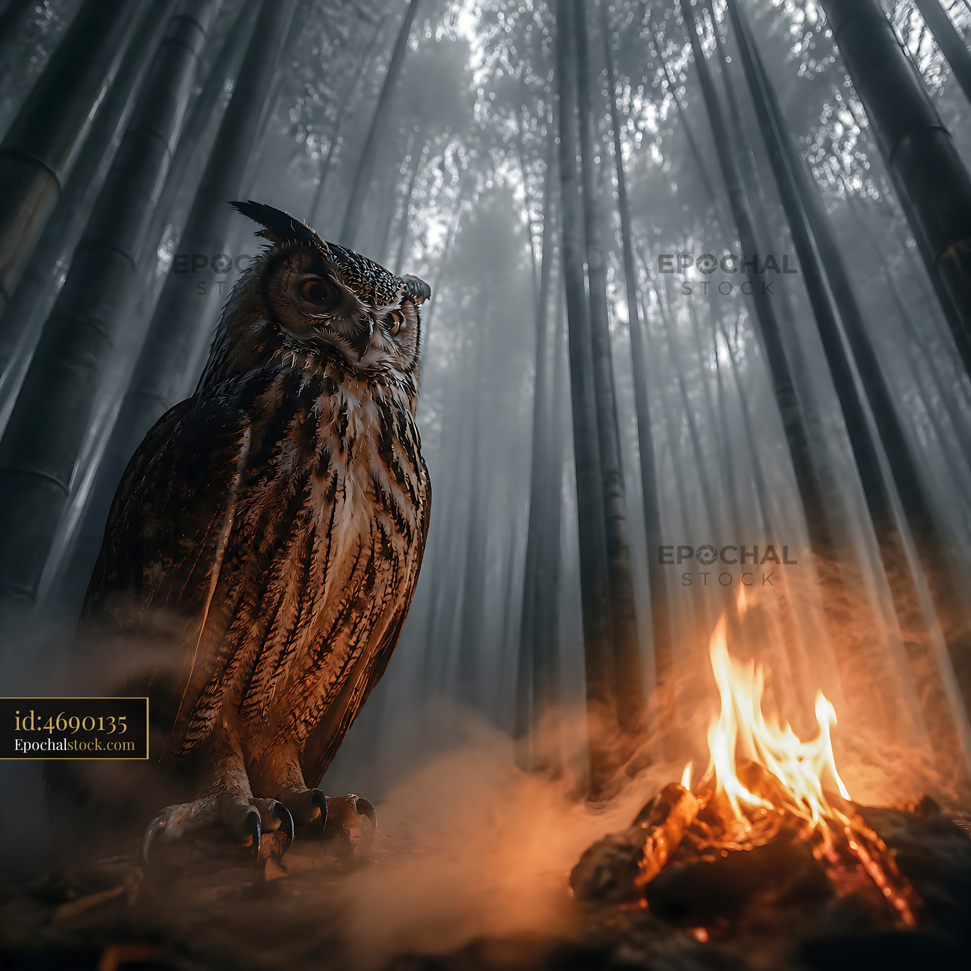 Watermarked full-resolution preview of Owl stands near fire in bamboo forest at night