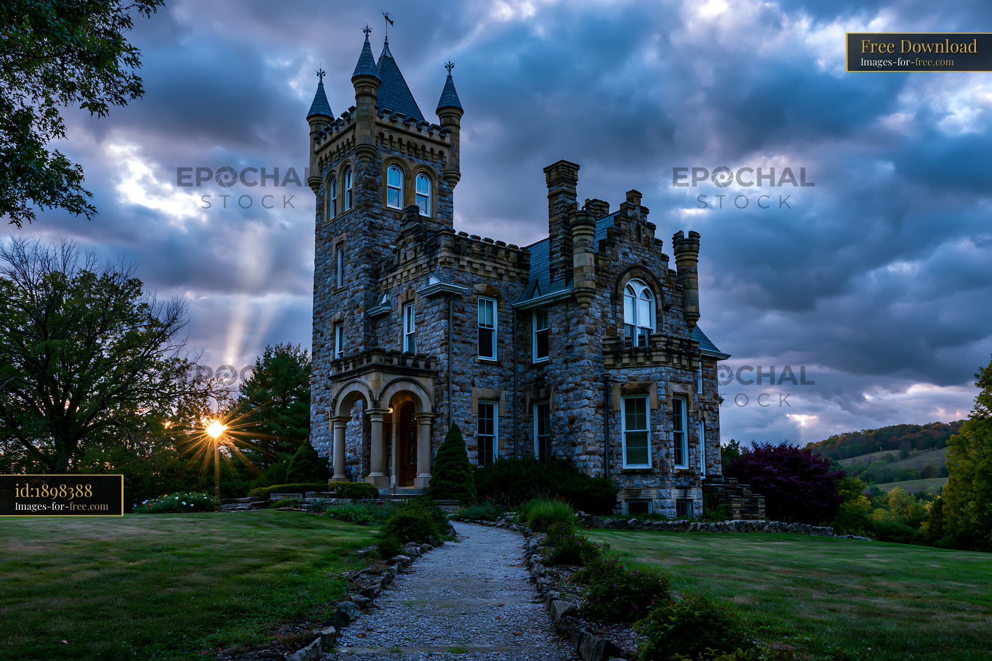 Watermarked full-resolution preview of Stone castle stands under cloudy sky at sunset