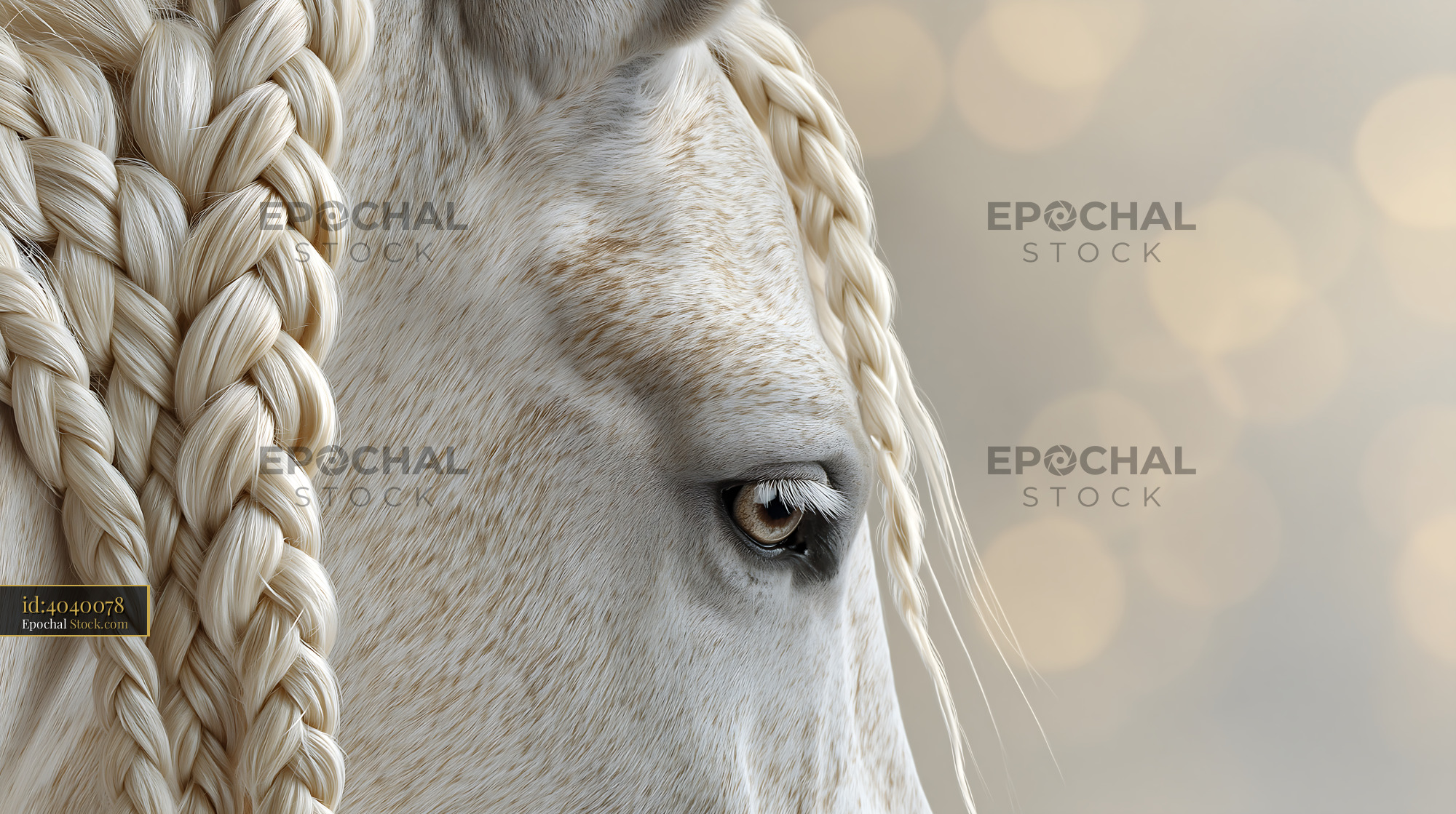 Close-up portrait of a white horse with braided mane
