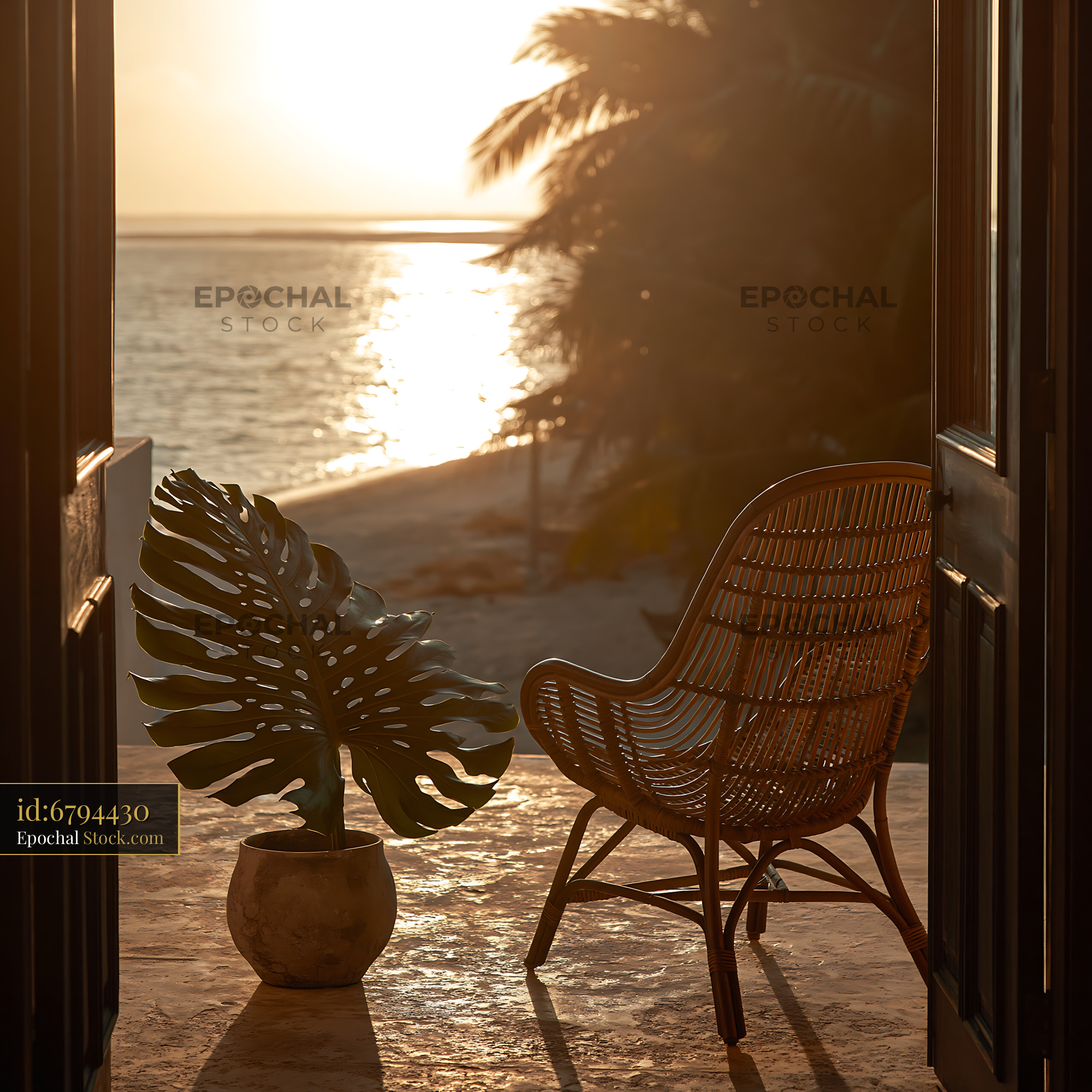 Wicker chair and monstera plant on a terrace overlooking beach sunset - stock photo